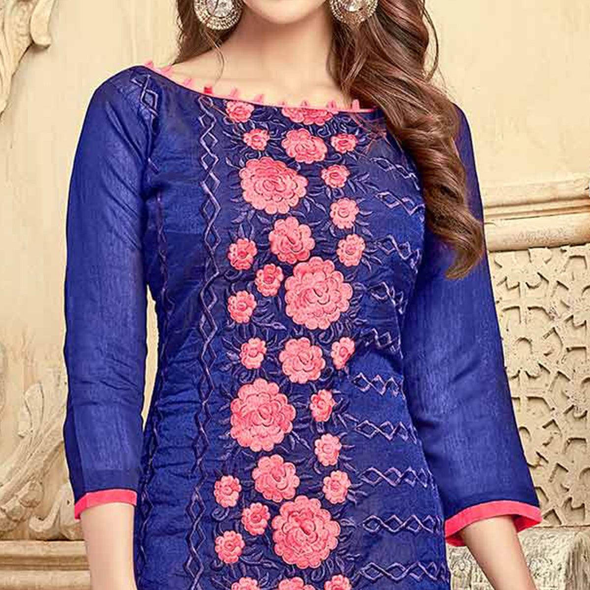 Charming Blue Colored Partywear Embroidered Chanderi Suit - Peachmode