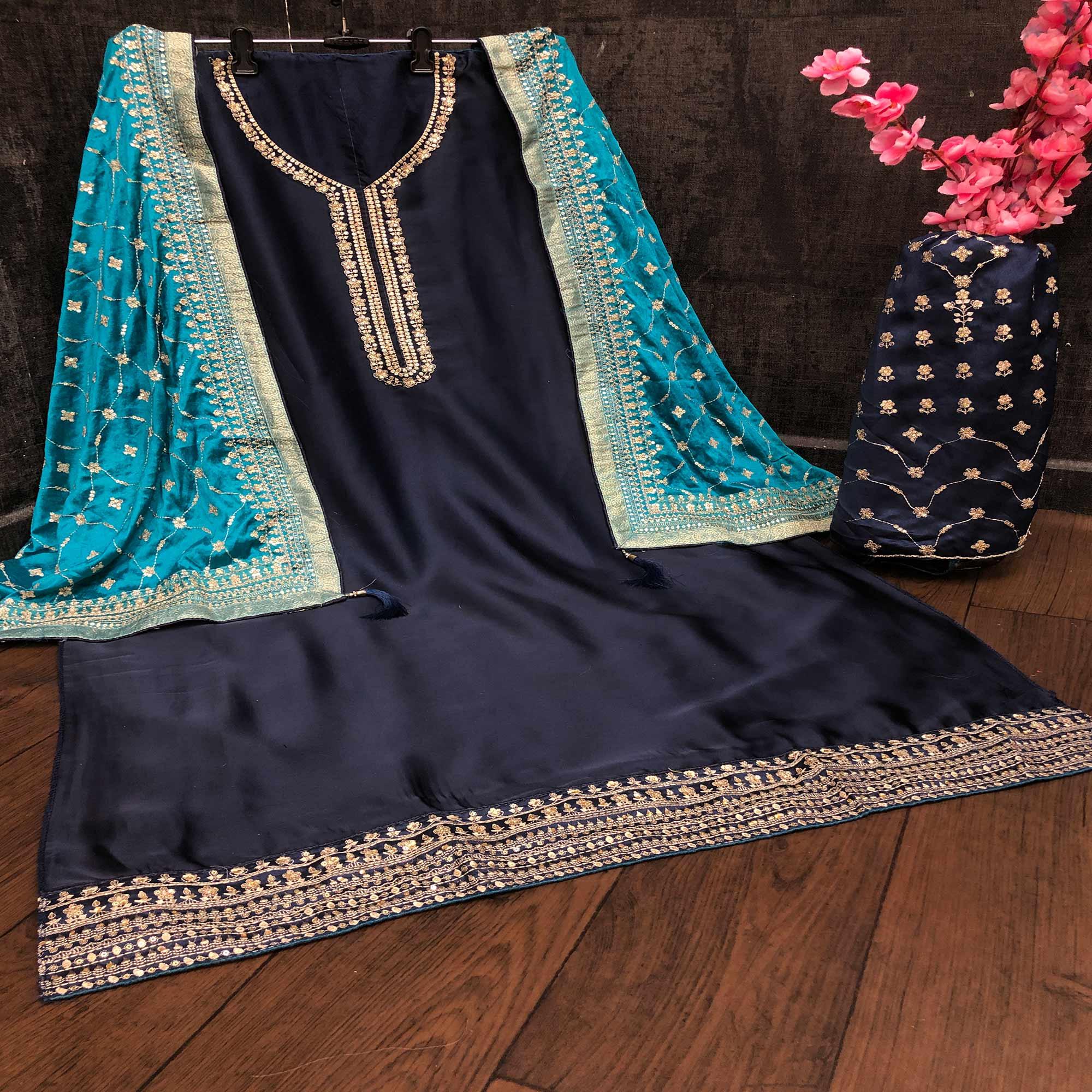 Charming Blue Colored Partywear Embroidered Satin Georgette Palazzo Suit - Peachmode