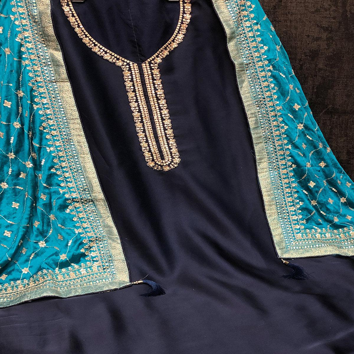 Charming Blue Colored Partywear Embroidered Satin Georgette Palazzo Suit - Peachmode