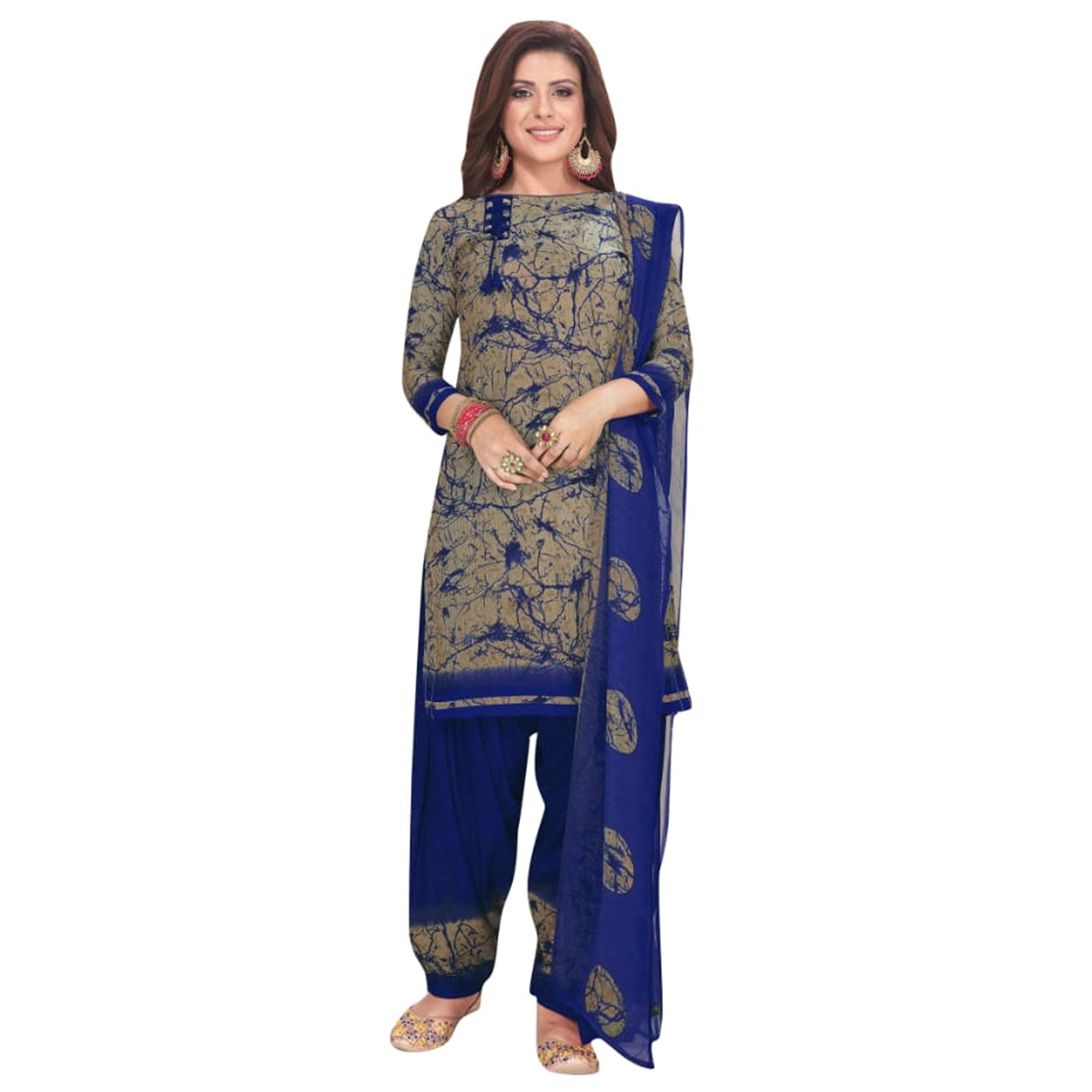 Charming Brown - Blue Colored Casual Wear Printed Crepe Patiala Dress Material - Peachmode