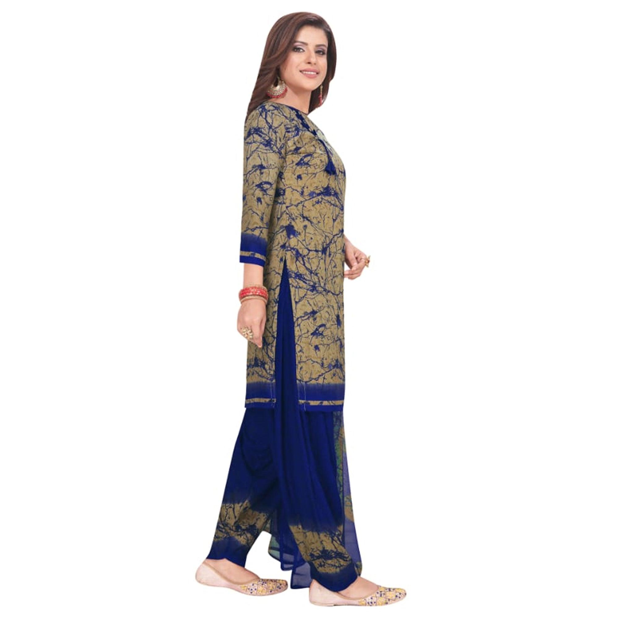 Charming Brown - Blue Colored Casual Wear Printed Crepe Patiala Dress Material - Peachmode
