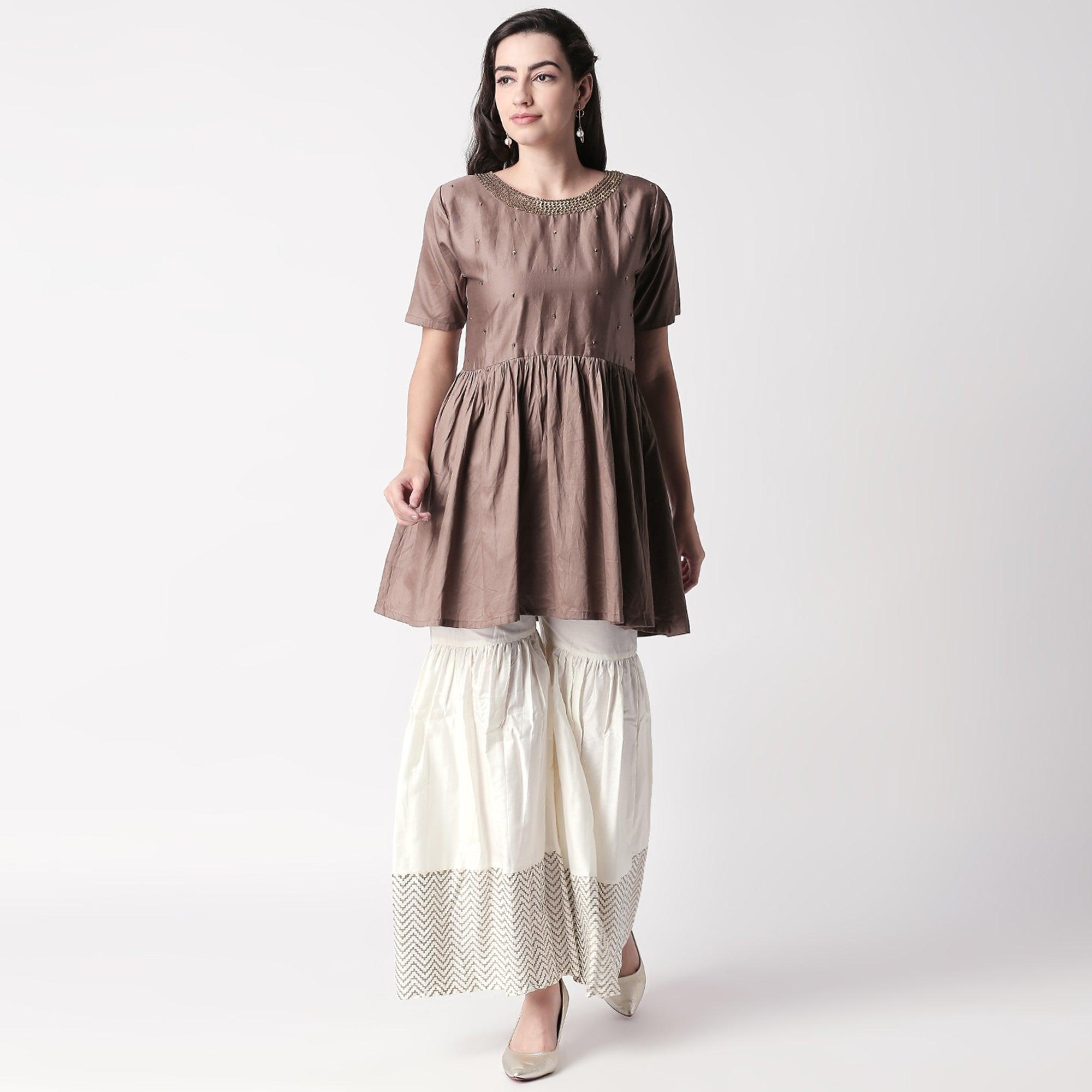 Charming Brown Colored Casual Embroidered Silk Kurti-Sharara Set - Peachmode