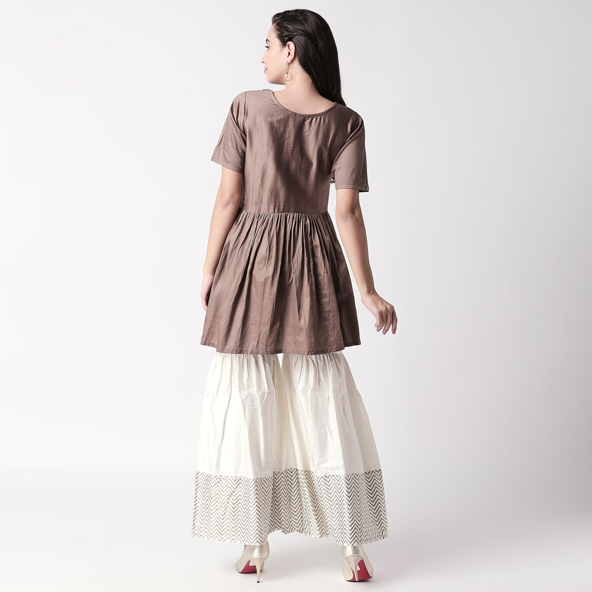 Charming Brown Colored Casual Embroidered Silk Kurti-Sharara Set - Peachmode