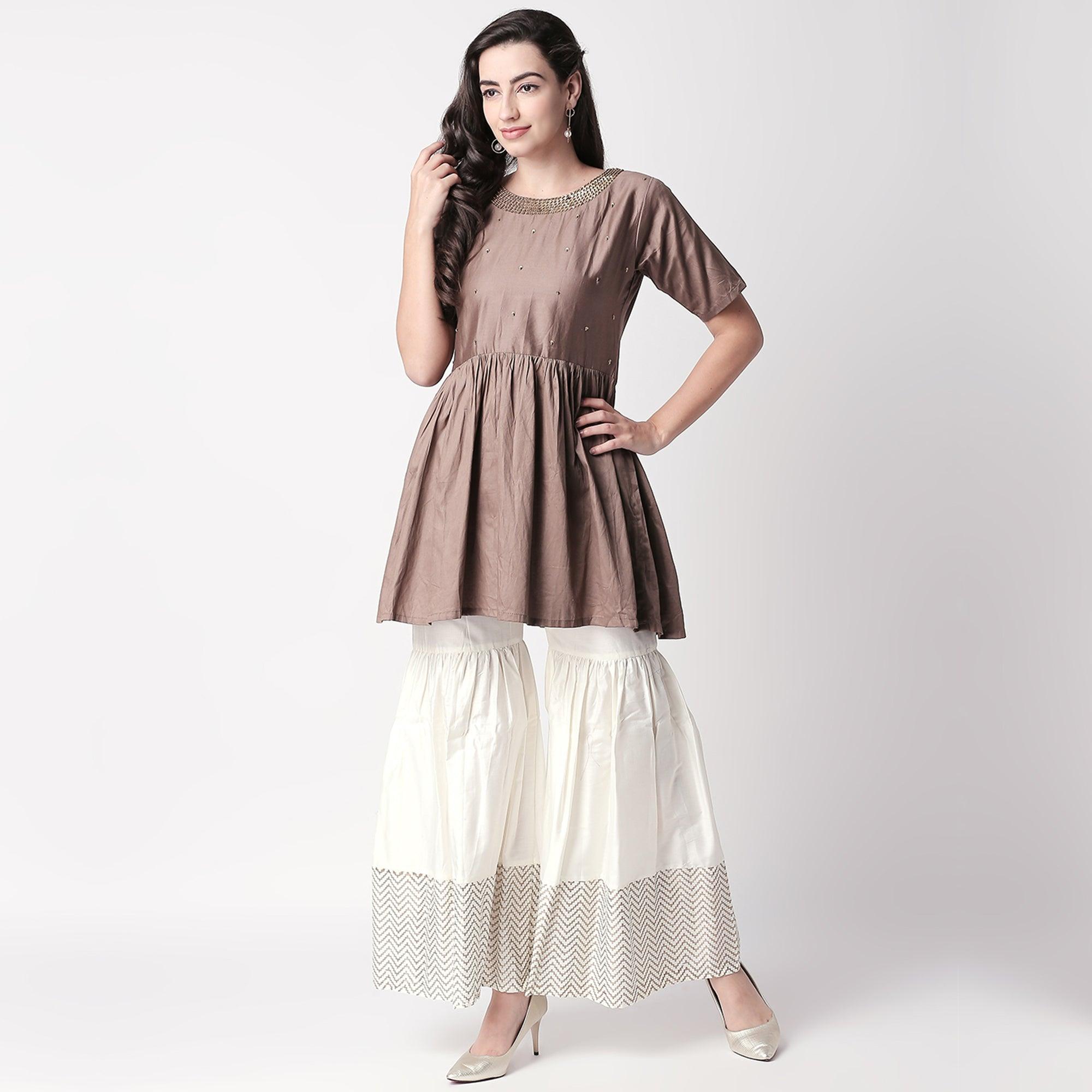 Charming Brown Colored Casual Embroidered Silk Kurti-Sharara Set - Peachmode