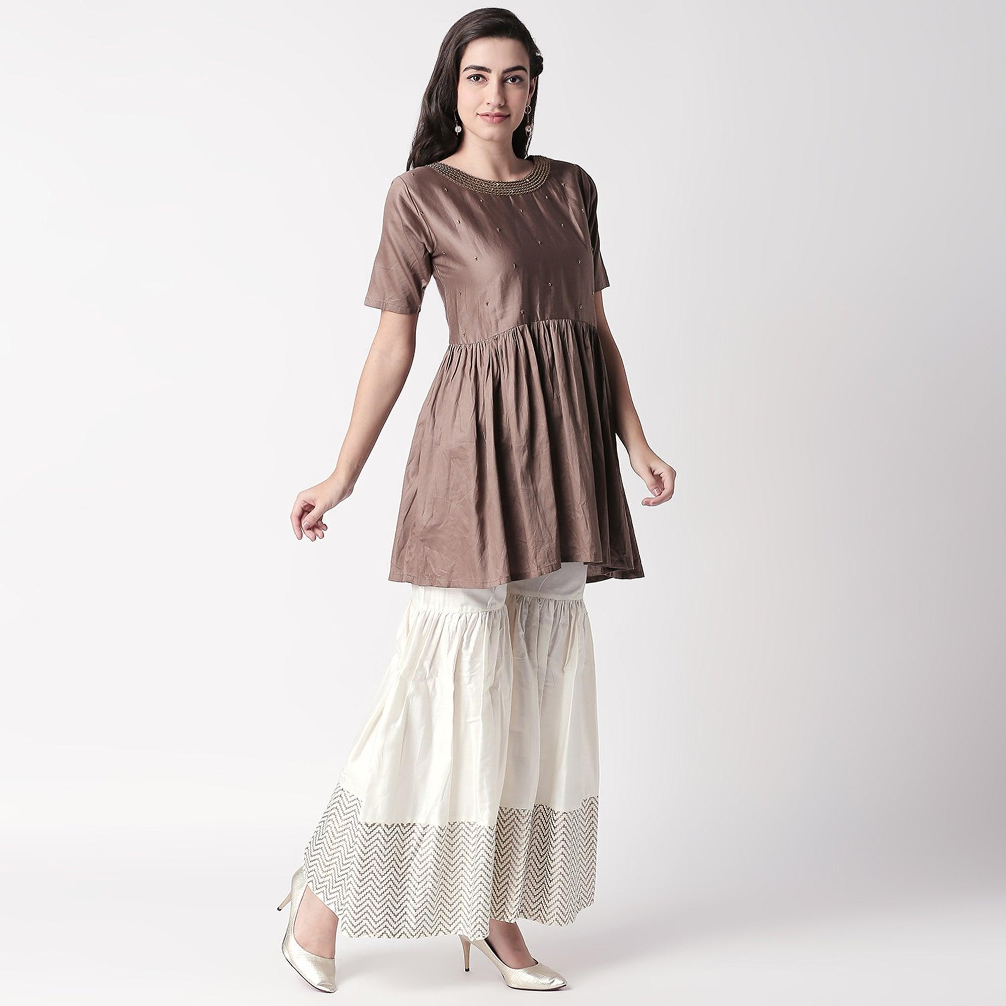 Charming Brown Colored Casual Embroidered Silk Kurti-Sharara Set - Peachmode
