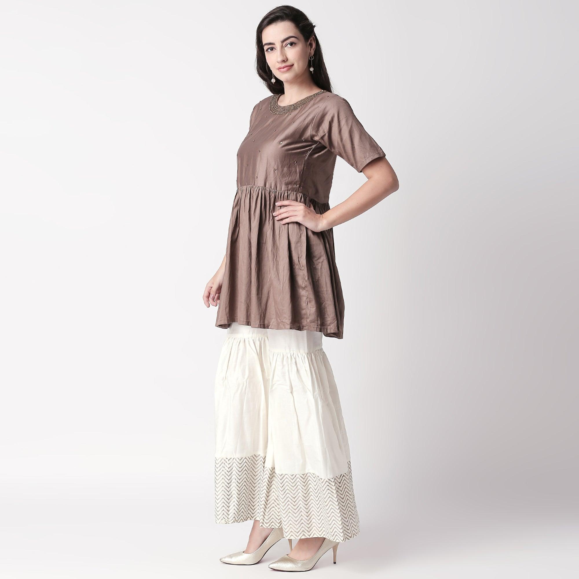 Charming Brown Colored Casual Embroidered Silk Kurti-Sharara Set - Peachmode