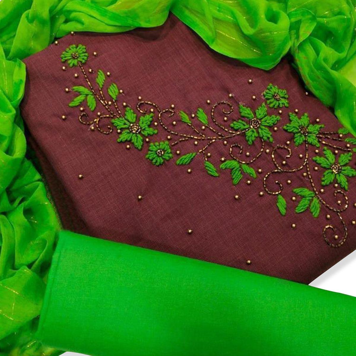 Charming Brown Colored Casual Wear Embroidered Cotton Dress Material - Peachmode