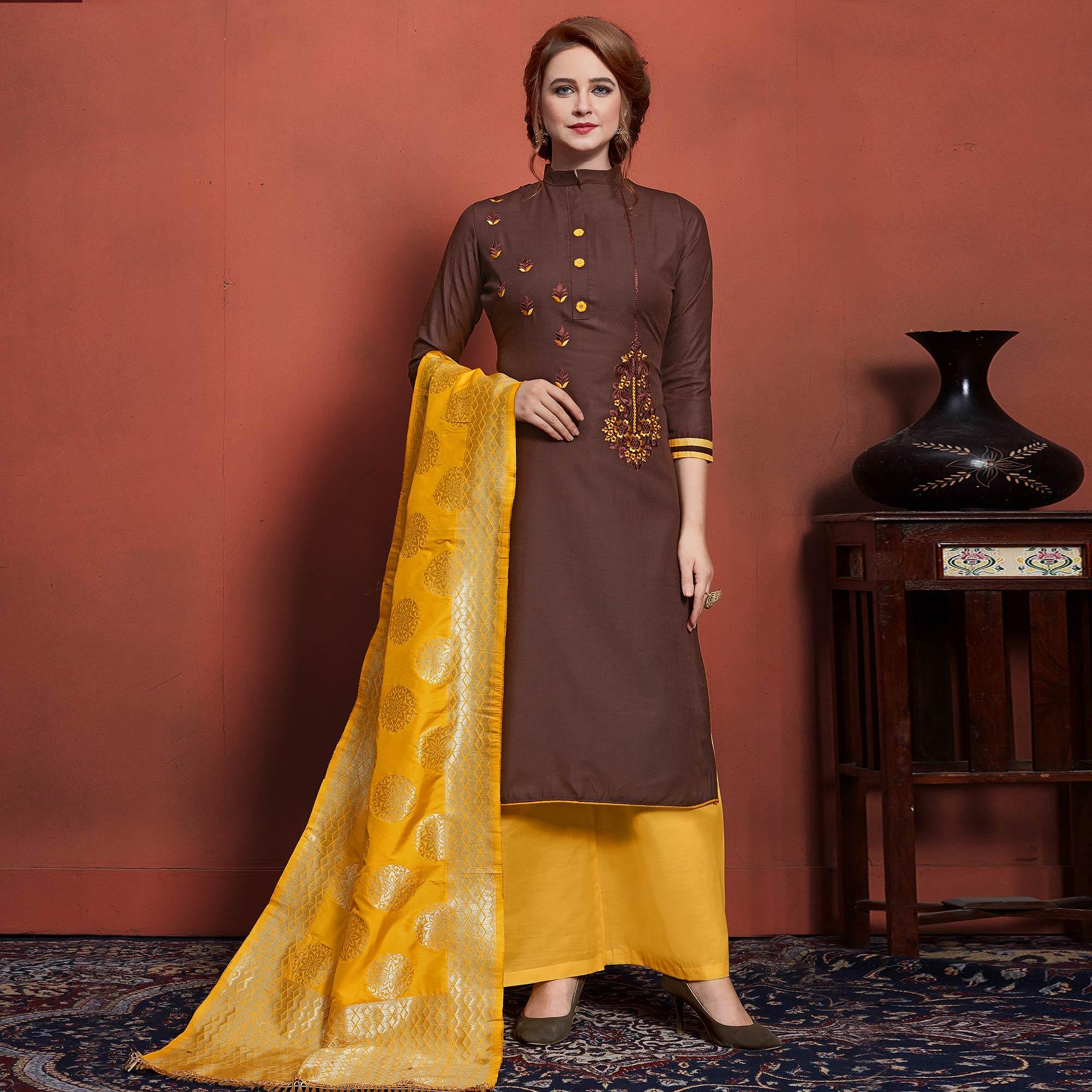 Charming Brown Colored Festive Wear Embroidered Cotton Dress Material With Banarasi Silk Dupatta - Peachmode