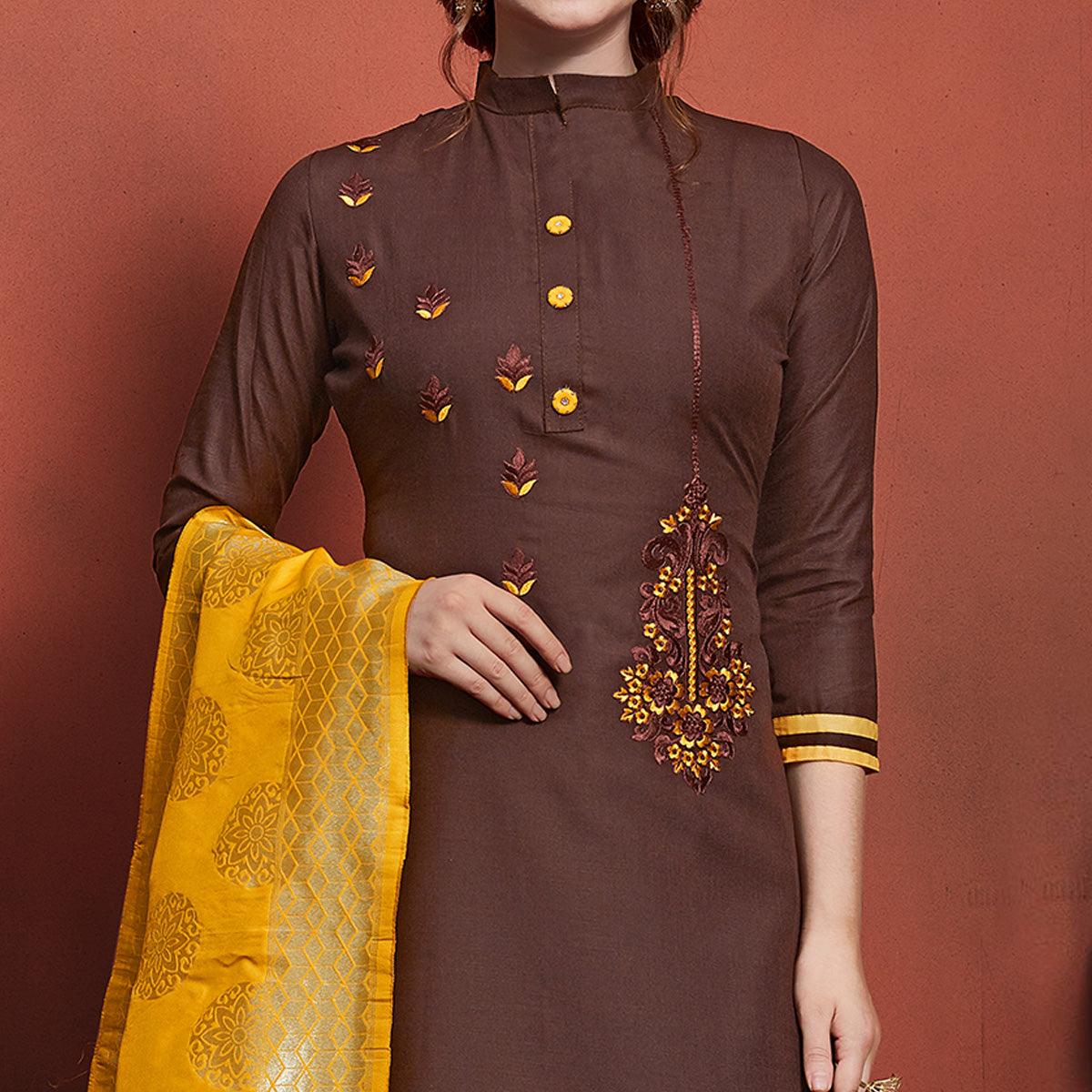 Charming Brown Colored Festive Wear Embroidered Cotton Dress Material With Banarasi Silk Dupatta - Peachmode