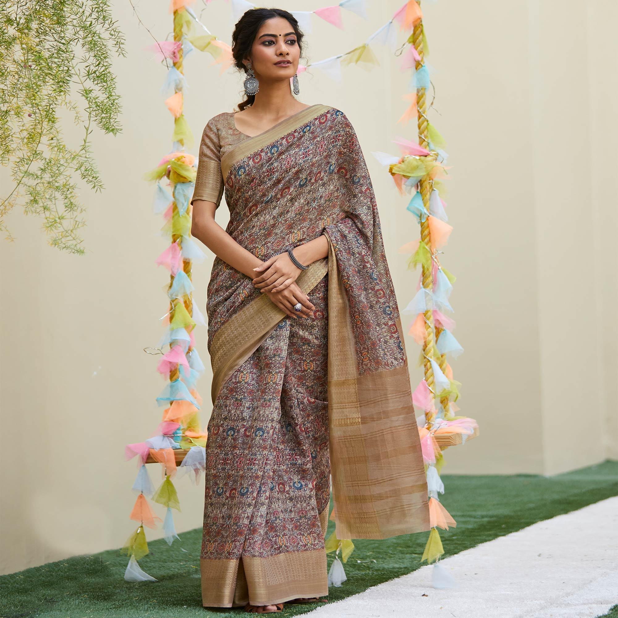 Charming Brown Colored Party Wear Digital Printed Linen Saree - Peachmode