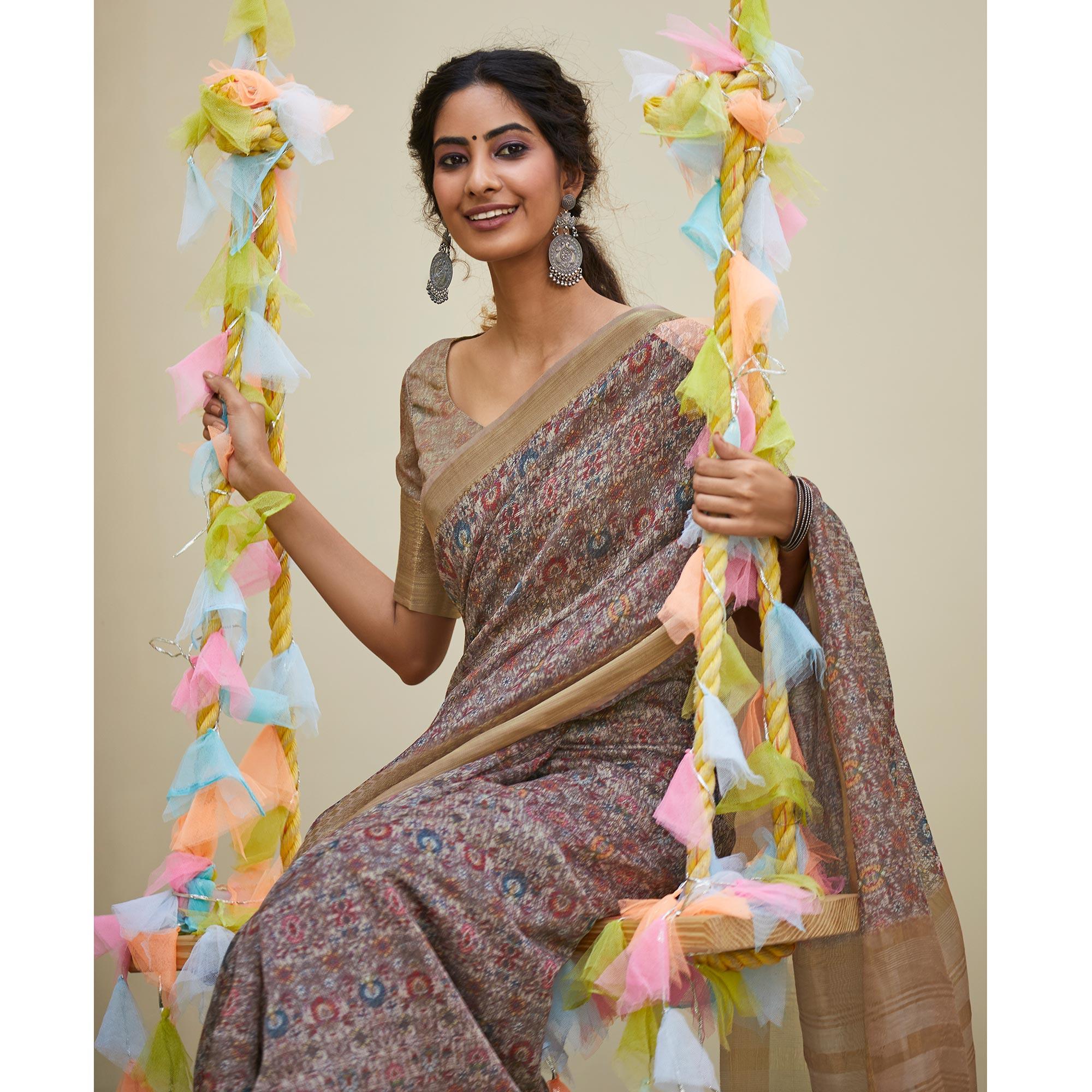 Charming Brown Colored Party Wear Digital Printed Linen Saree - Peachmode