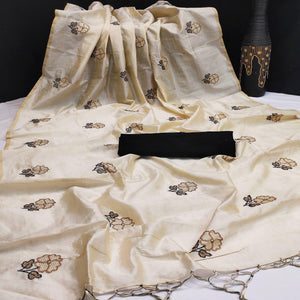 Charming Cream Colored Festive Wear Embroidered Silk Saree - Peachmode