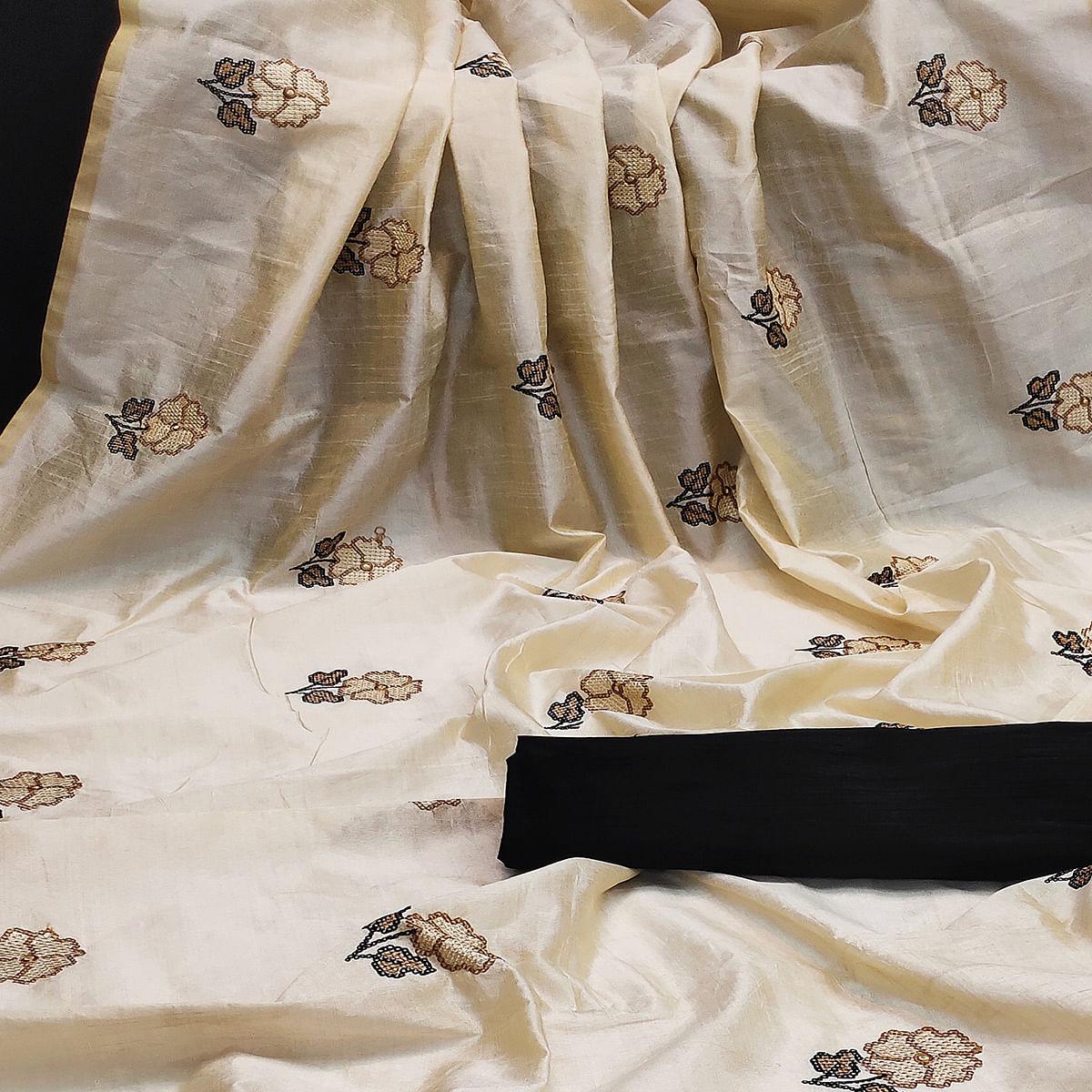 Charming Cream Colored Festive Wear Embroidered Silk Saree - Peachmode