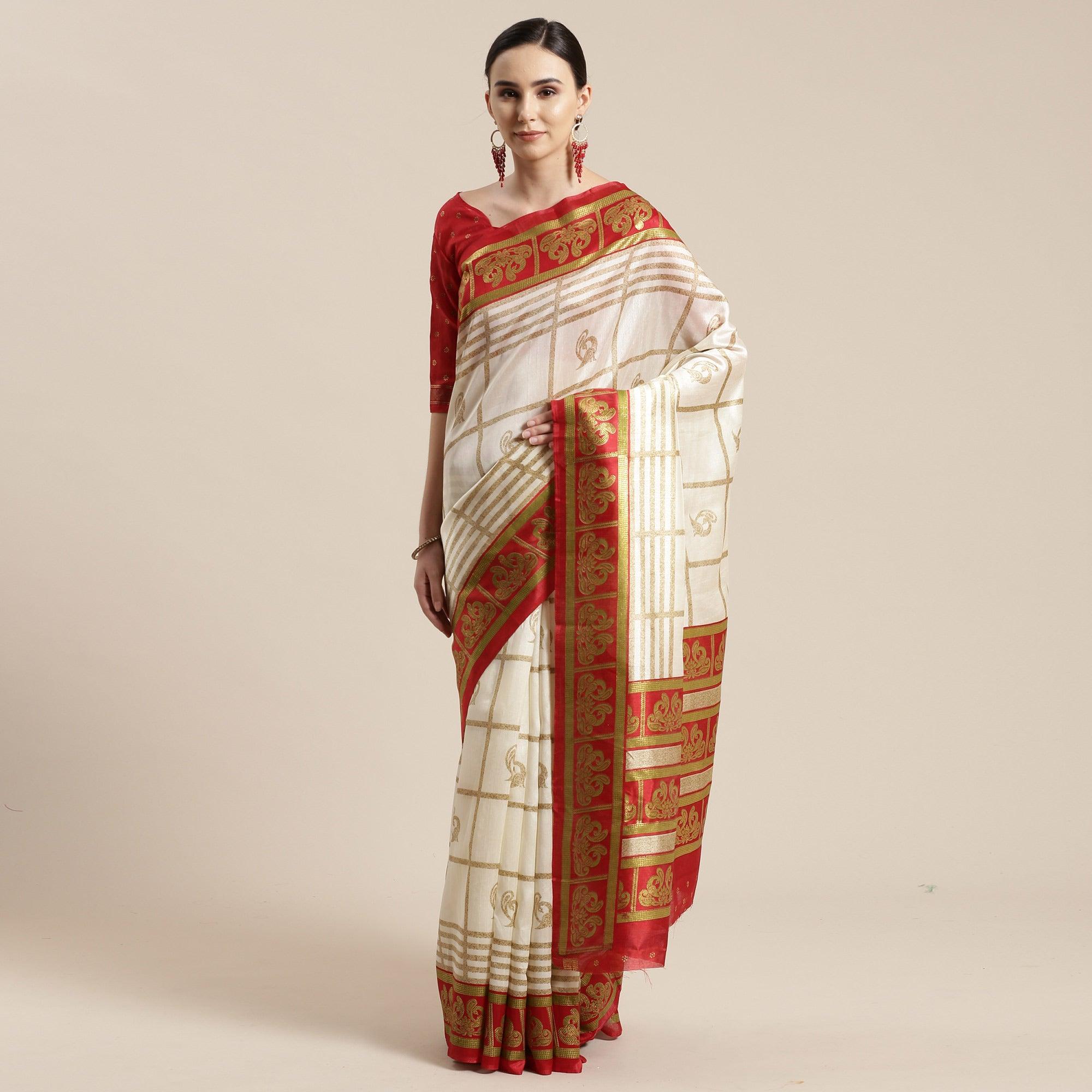 Charming Cream-Red Colored Festive Wear Cheked Foli Print Patola Silk Saree - Peachmode