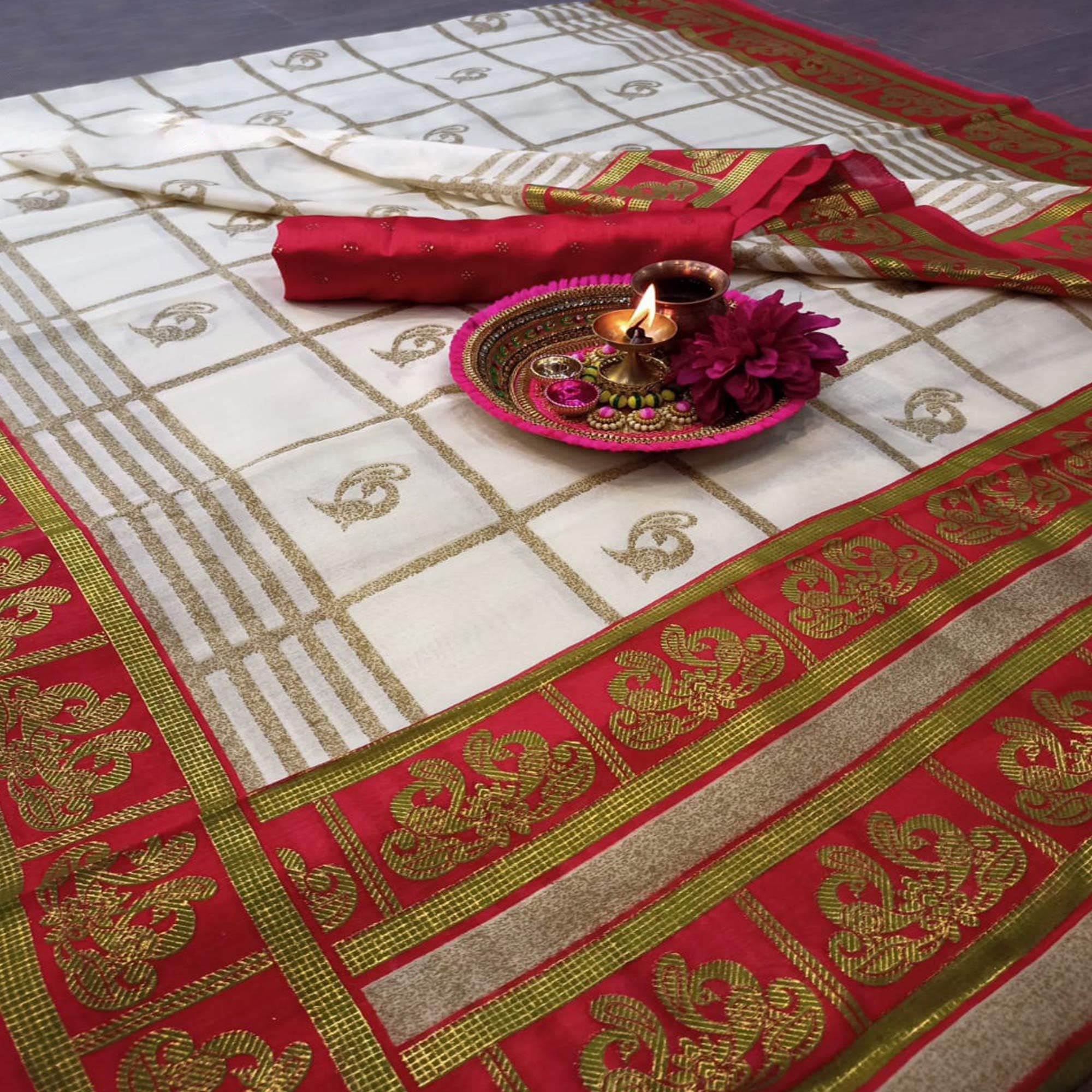 Charming Cream-Red Colored Festive Wear Cheked Foli Print Patola Silk Saree - Peachmode