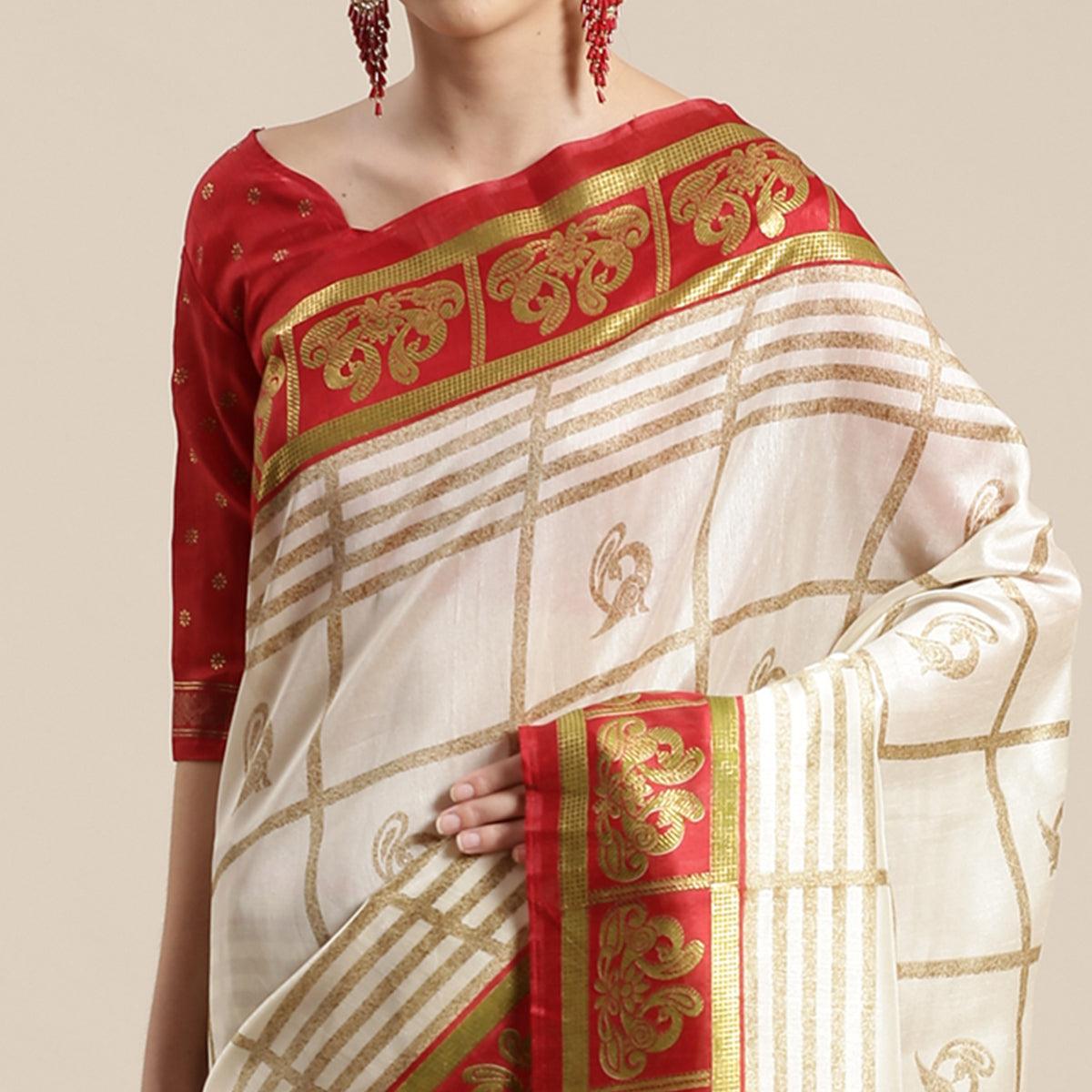 Charming Cream-Red Colored Festive Wear Cheked Foli Print Patola Silk Saree - Peachmode