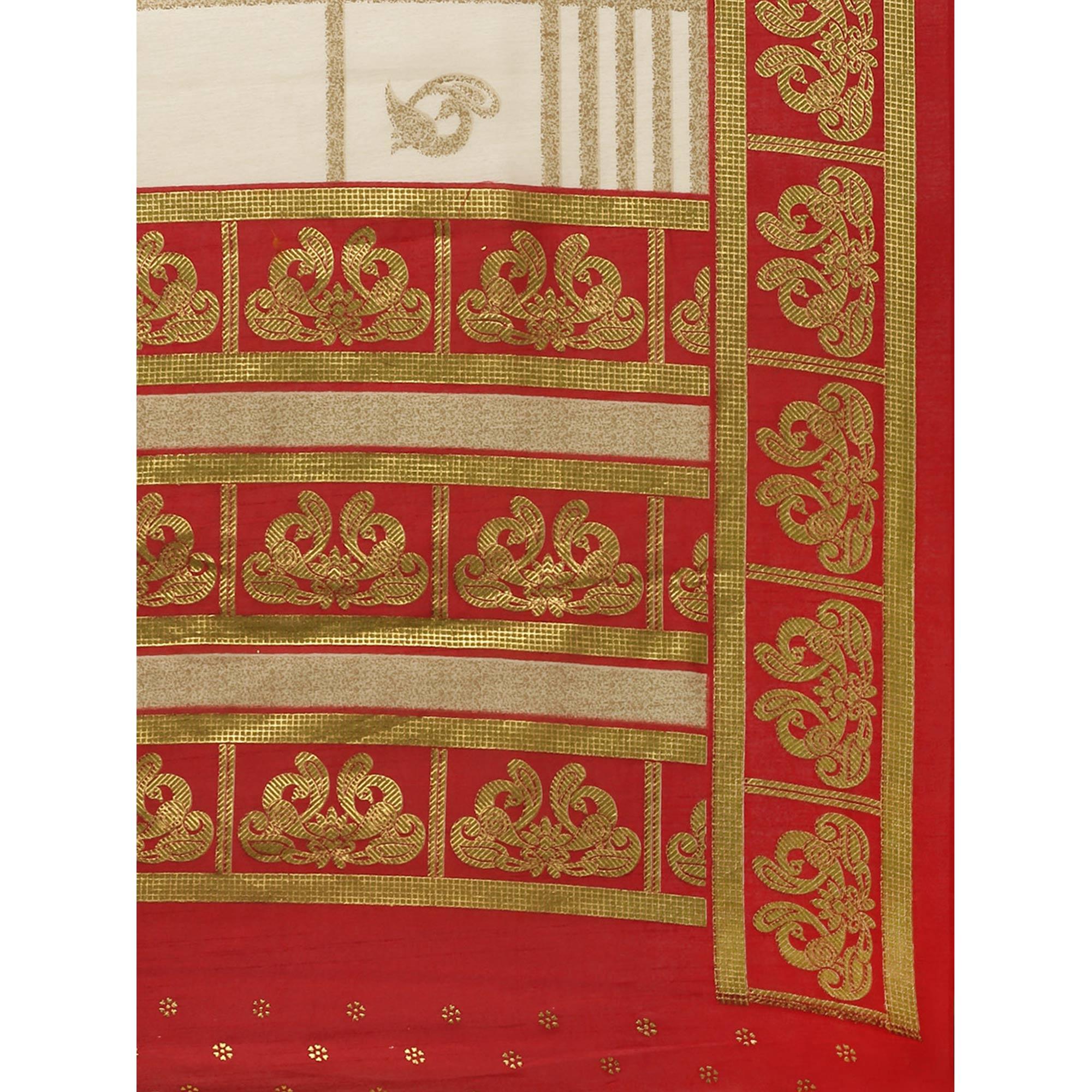 Charming Cream-Red Colored Festive Wear Cheked Foli Print Patola Silk Saree - Peachmode