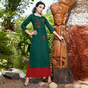 Charming Dark Green Colored Casual Wear Embroidered Cotton Sulb Kurti - Peachmode