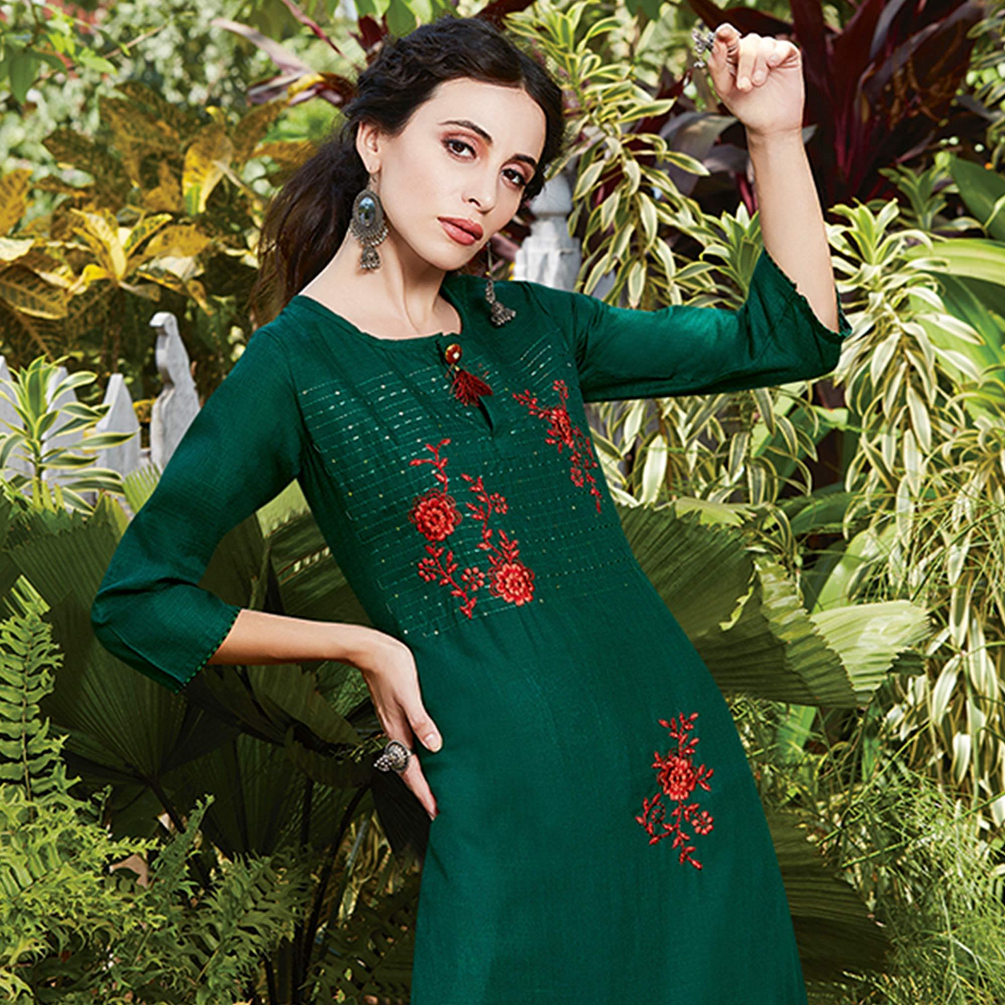 Charming Dark Green Colored Casual Wear Embroidered Cotton Sulb Kurti - Peachmode