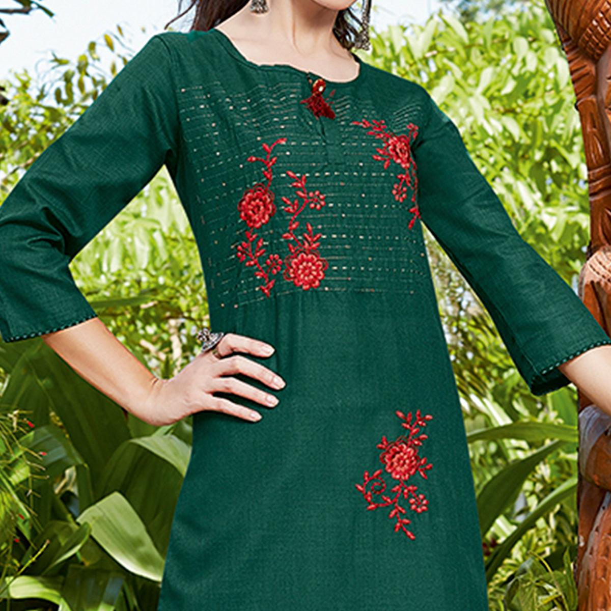 Charming Dark Green Colored Casual Wear Embroidered Cotton Sulb Kurti - Peachmode