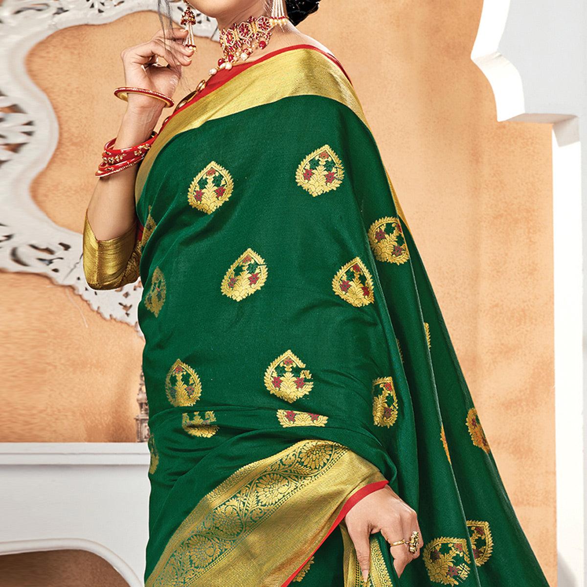 Charming Dark Green Colored Festive Wear Woven Silk Saree - Peachmode