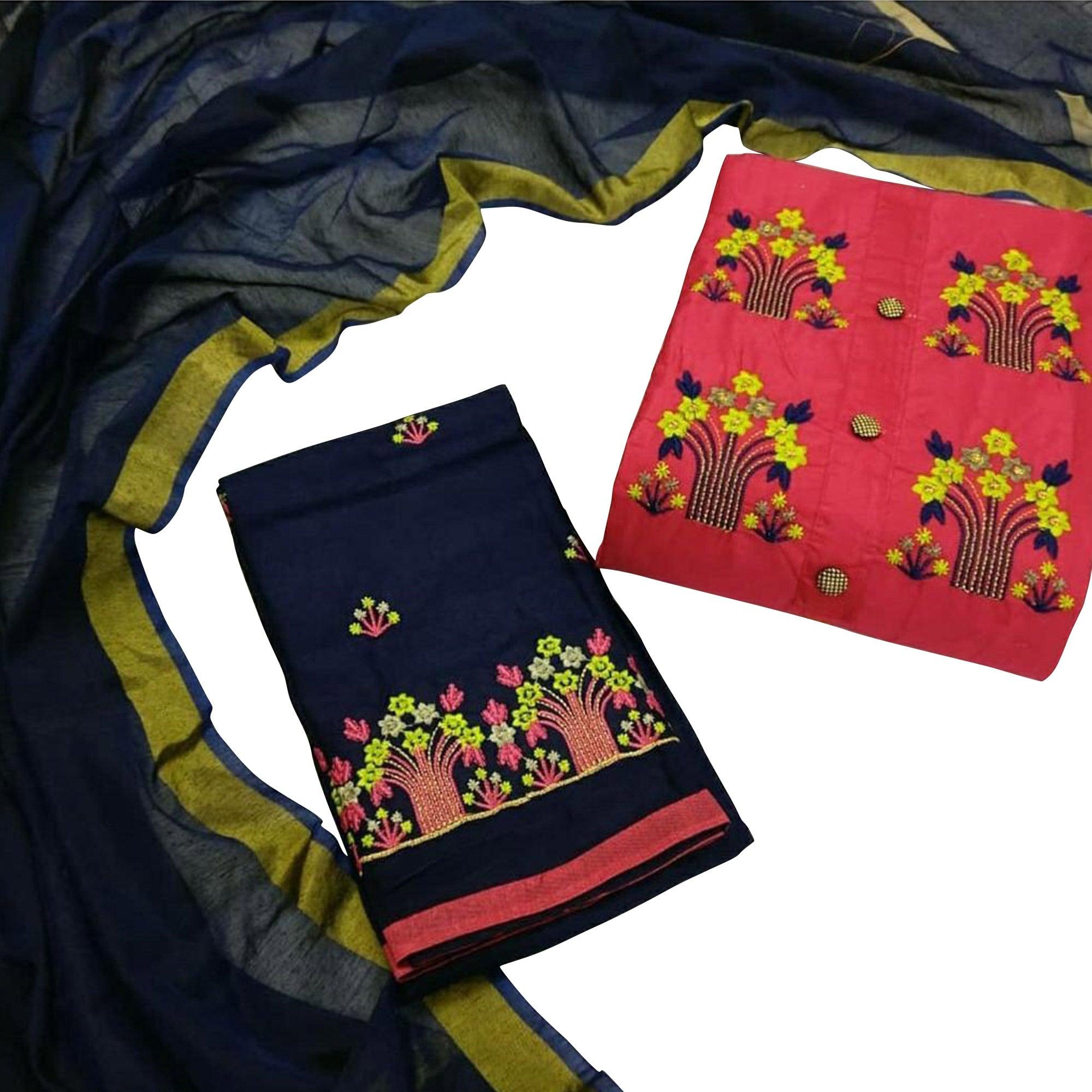 Charming Dark Peach Colored Casual Wear Embroidered Cotton Dress Material - Peachmode