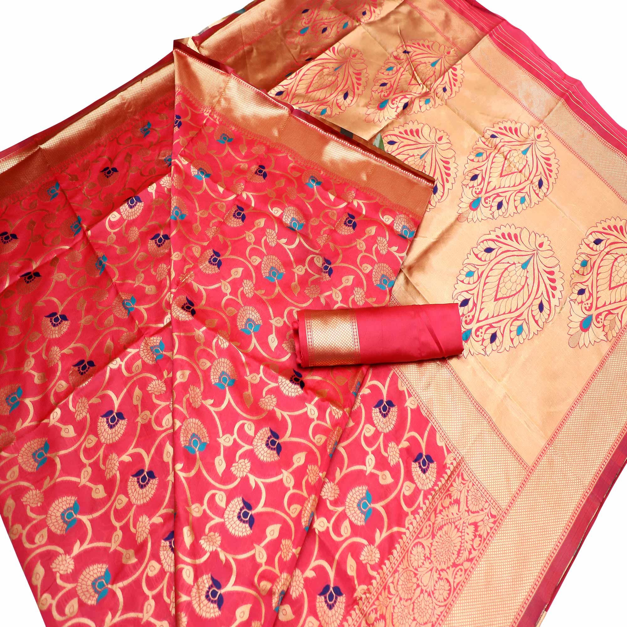 Charming Dark Peach Colored Festive Wear Woven Banarasi Art Silk Saree - Peachmode
