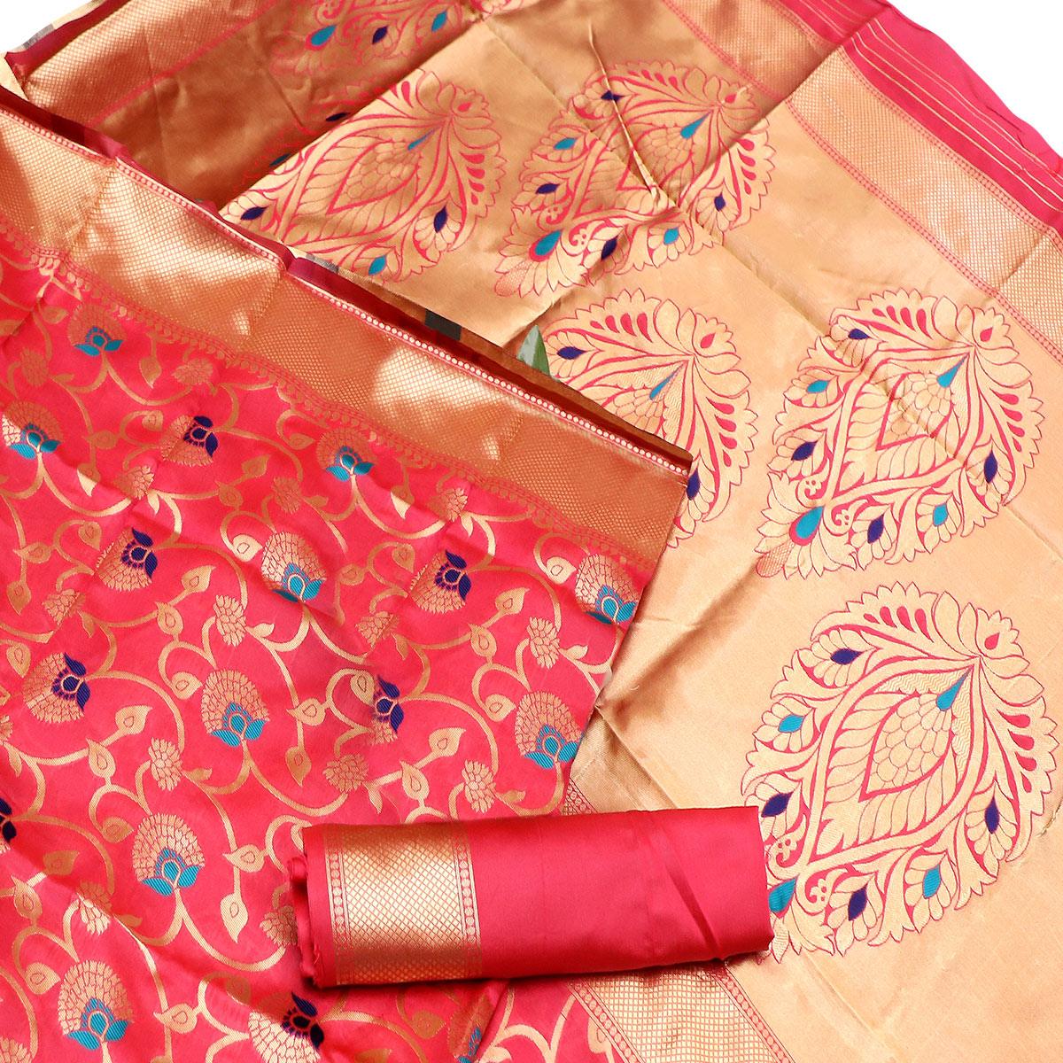 Charming Dark Peach Colored Festive Wear Woven Banarasi Art Silk Saree - Peachmode
