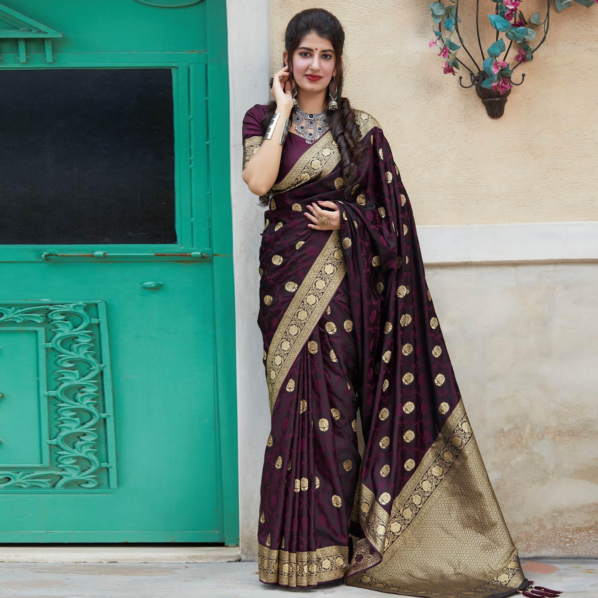 Charming Dark Purple Colored Festive Wear Woven Banarasi Silk Saree - Peachmode