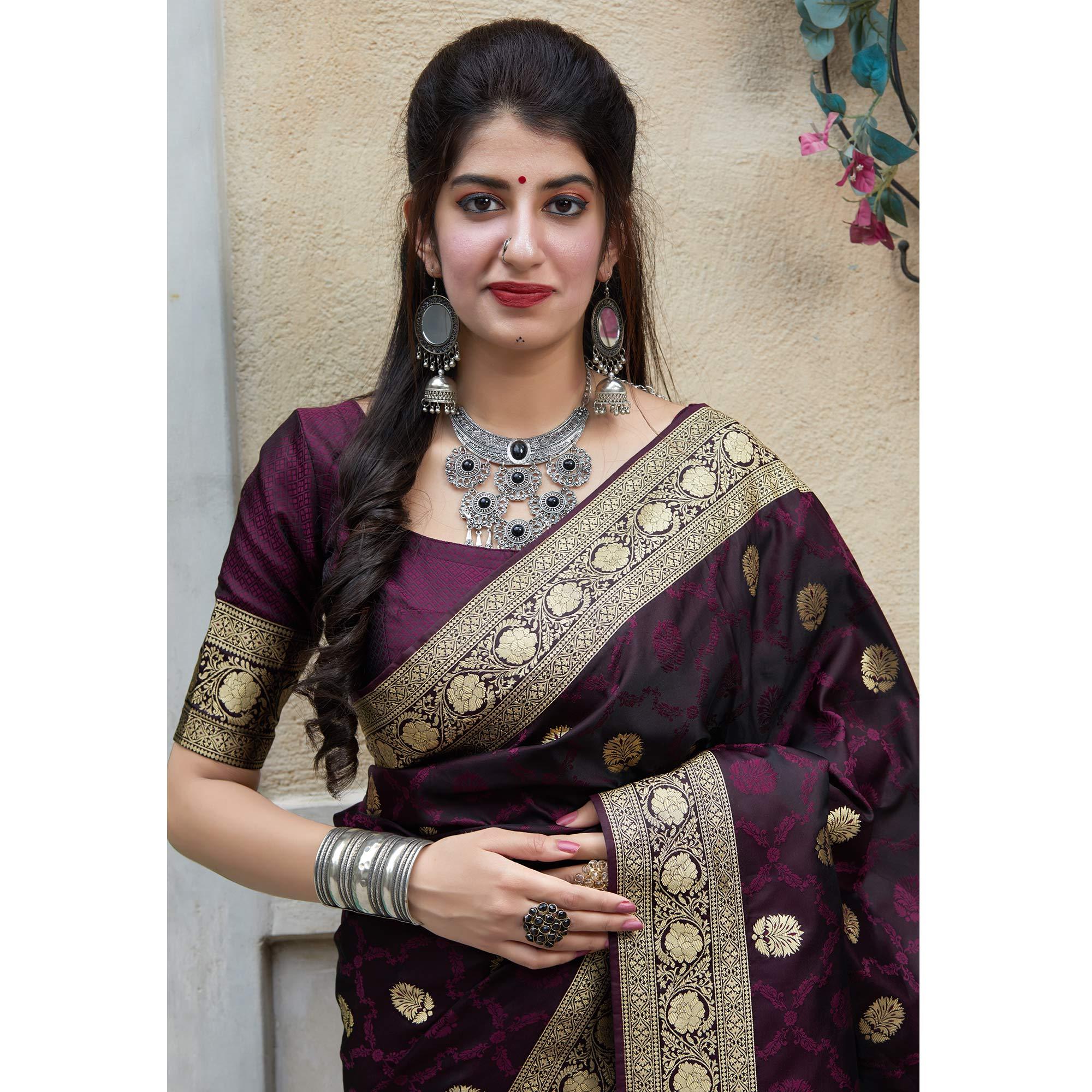 Charming Dark Purple Colored Festive Wear Woven Banarasi Silk Saree - Peachmode