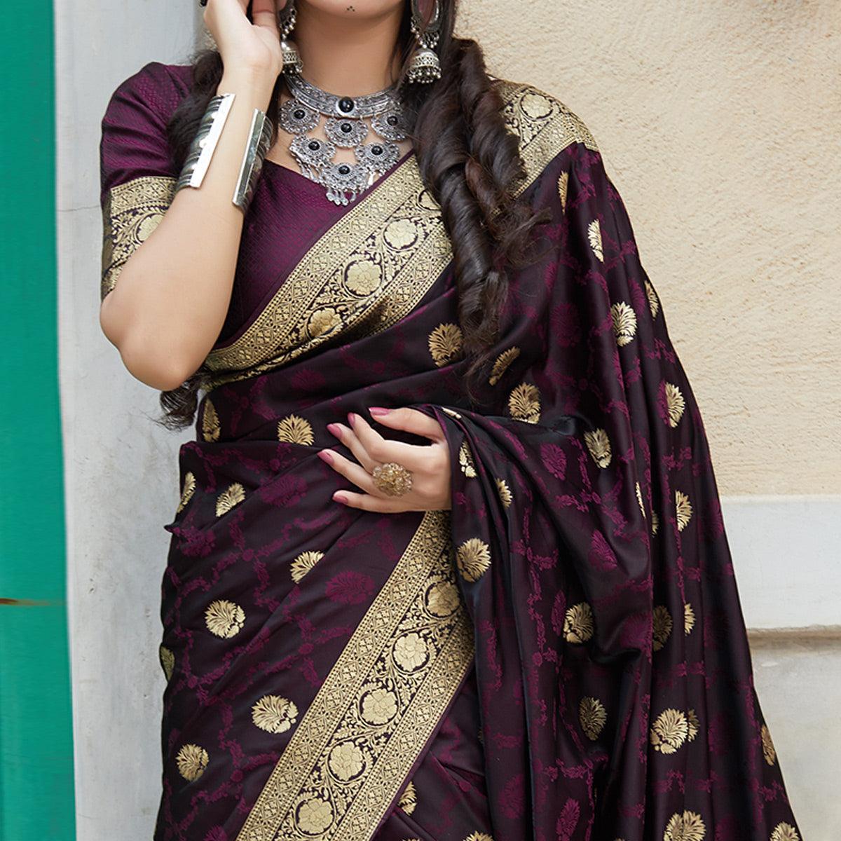 Charming Dark Purple Colored Festive Wear Woven Banarasi Silk Saree - Peachmode