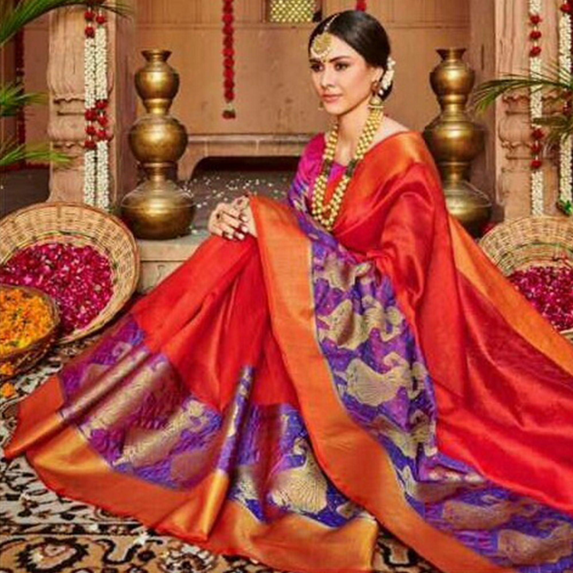 Charming Dark Red Colored Festive Wear Woven Art Silk Saree - Peachmode