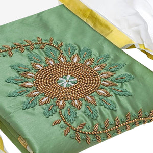 Charming Green Colored Casual Wear Embroidered Cotton Dress Material - Peachmode