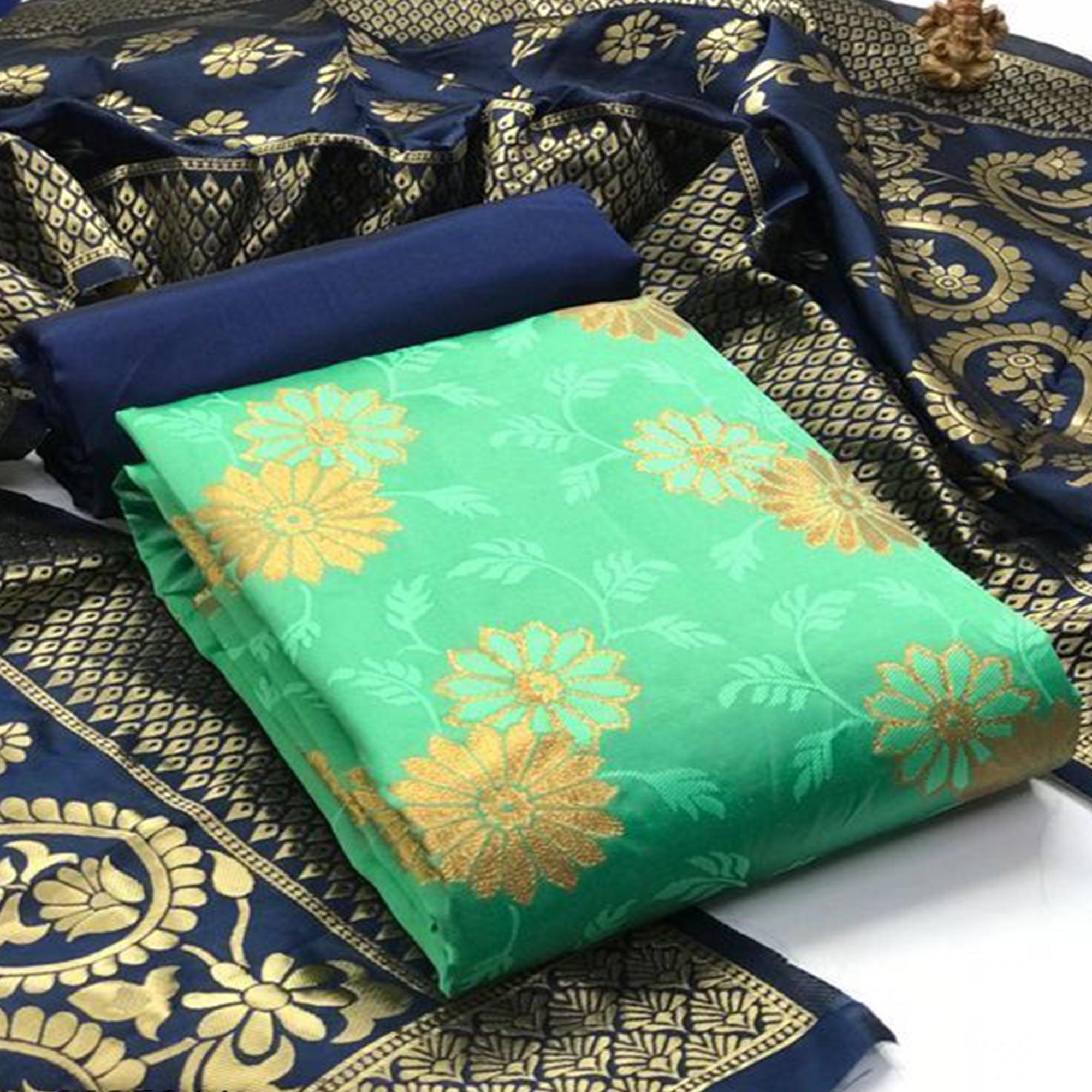 Charming Green Colored Casual Wear Woven Banarasi Silk Dress Material - Peachmode