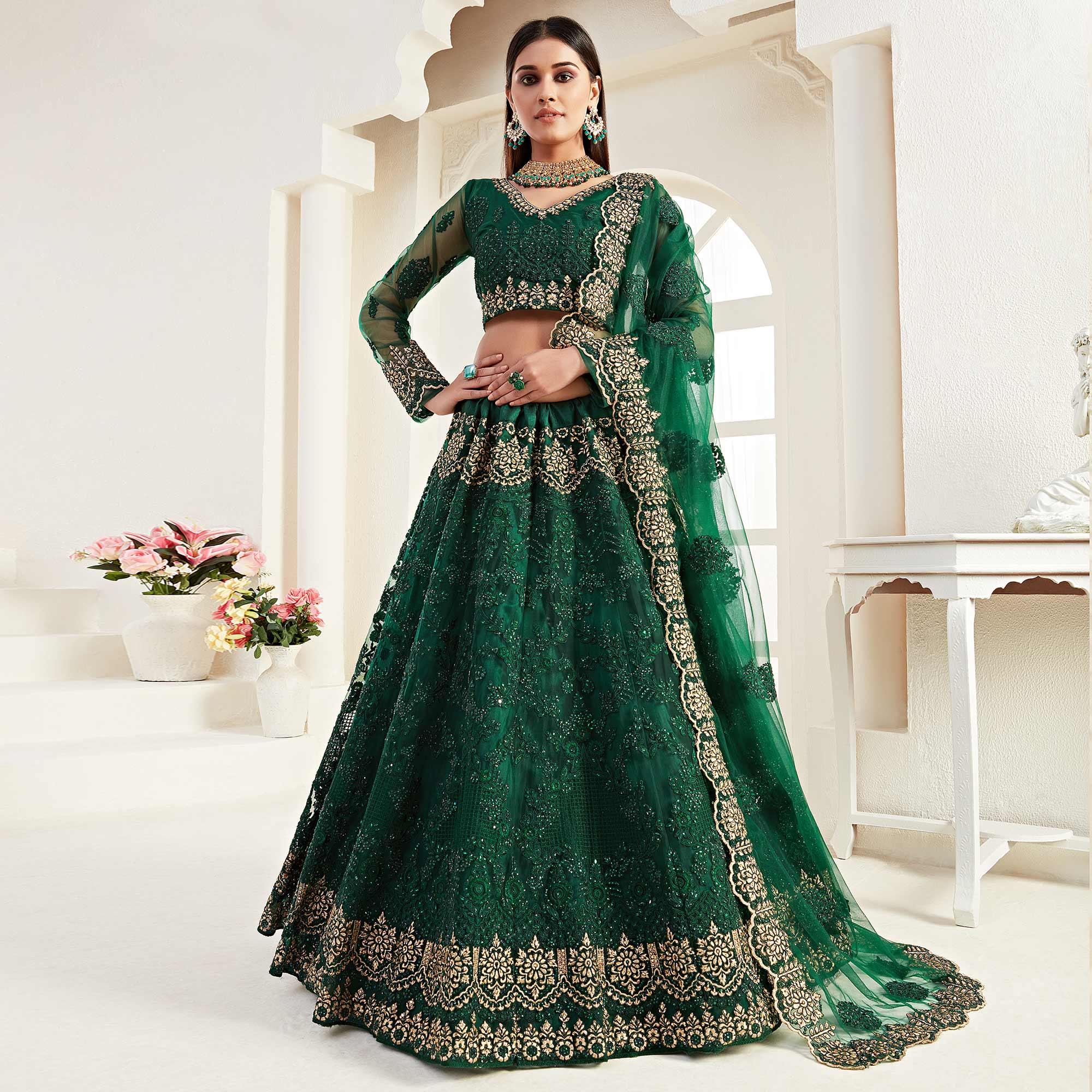 Charming Green Colored Cording Thread And Zari Embroidery Wedding Wear Net  Lehenga Choli