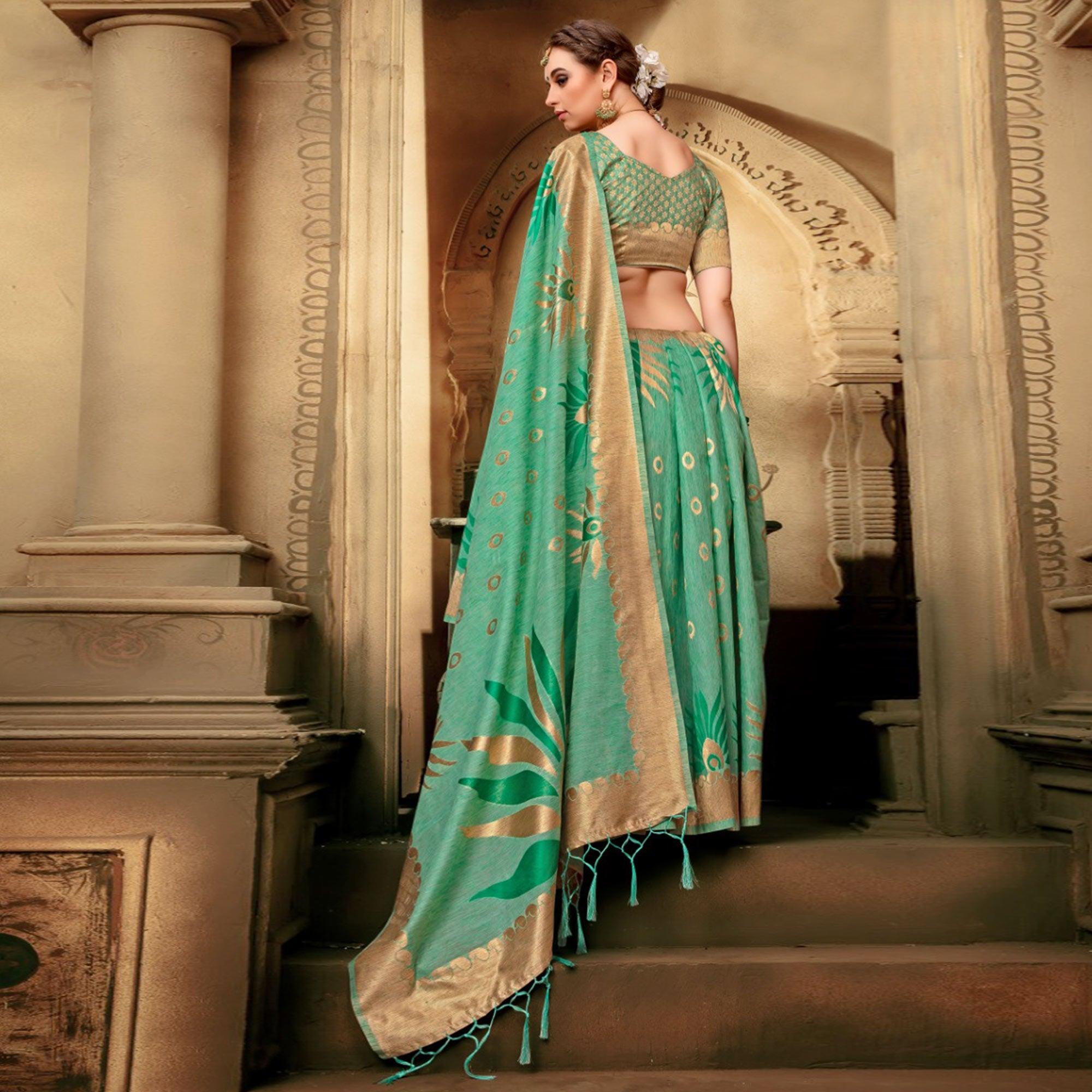 Charming Green Colored Festive Wear Woven Cotton Silk Saree - Peachmode
