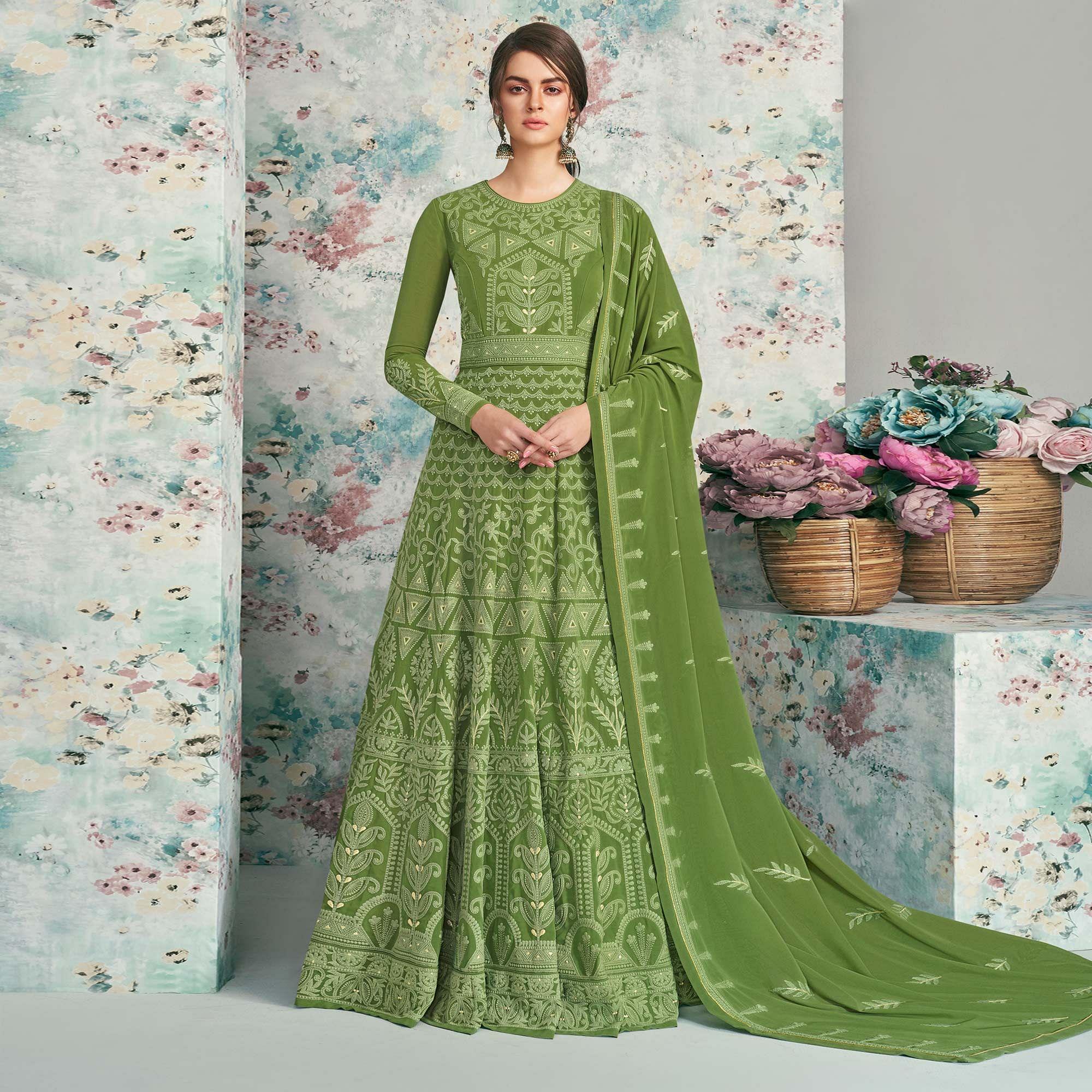 Charming Green Colored Party Wear Embroidered Heavy Faux Georgette Anarkali Suit - Peachmode
