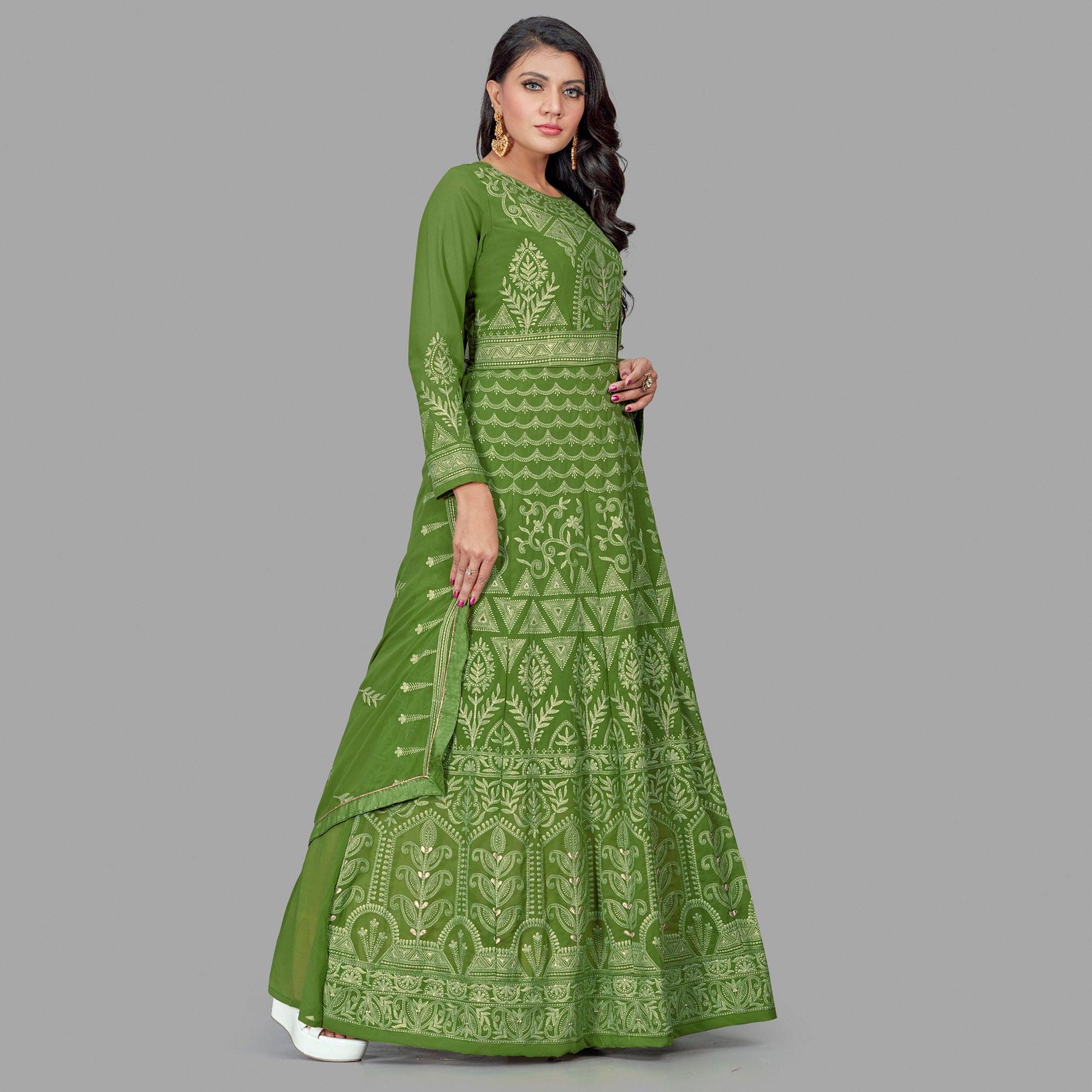 Charming Green Colored Party Wear Embroidered Heavy Faux Georgette Anarkali Suit - Peachmode