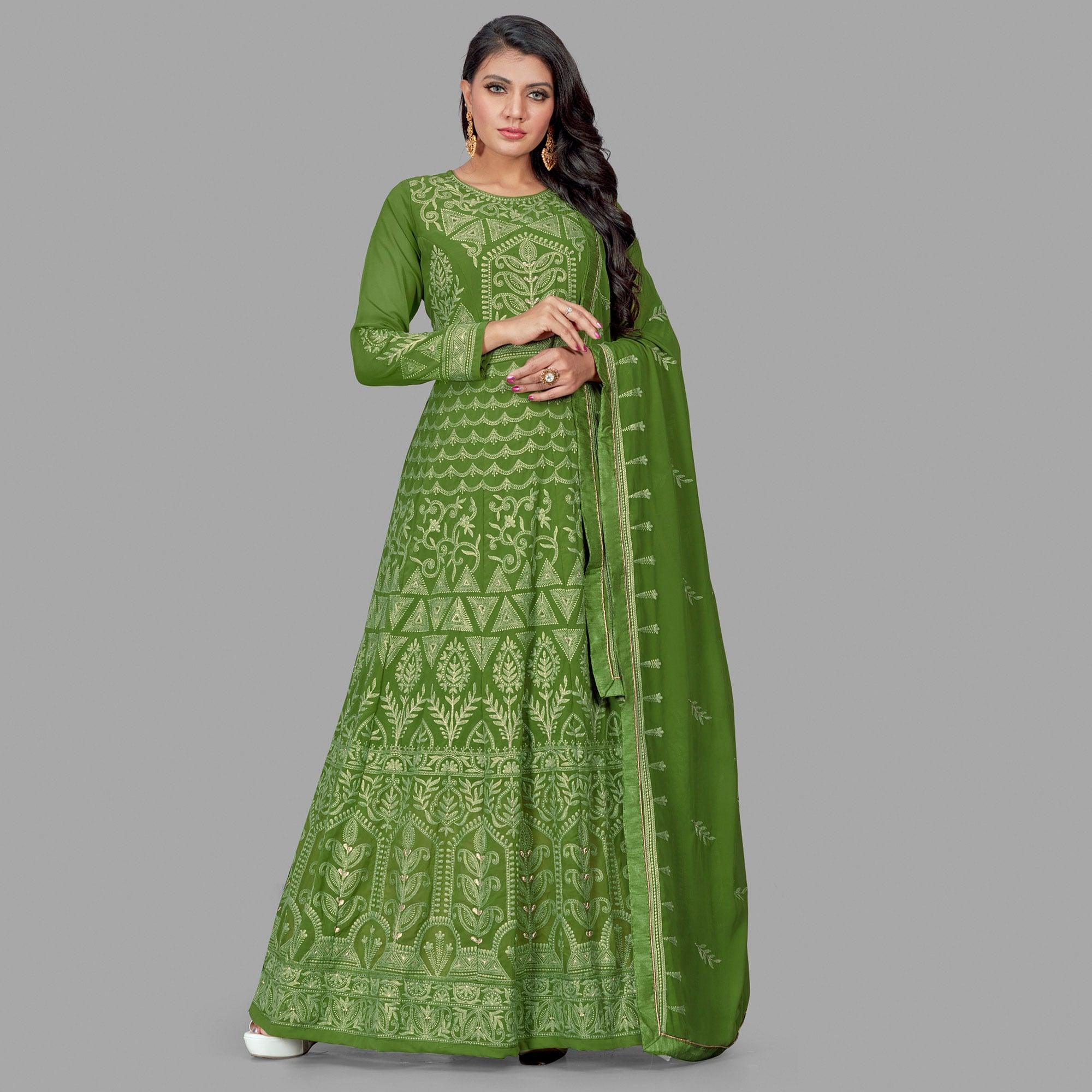 Charming Green Colored Party Wear Embroidered Heavy Faux Georgette Anarkali Suit - Peachmode