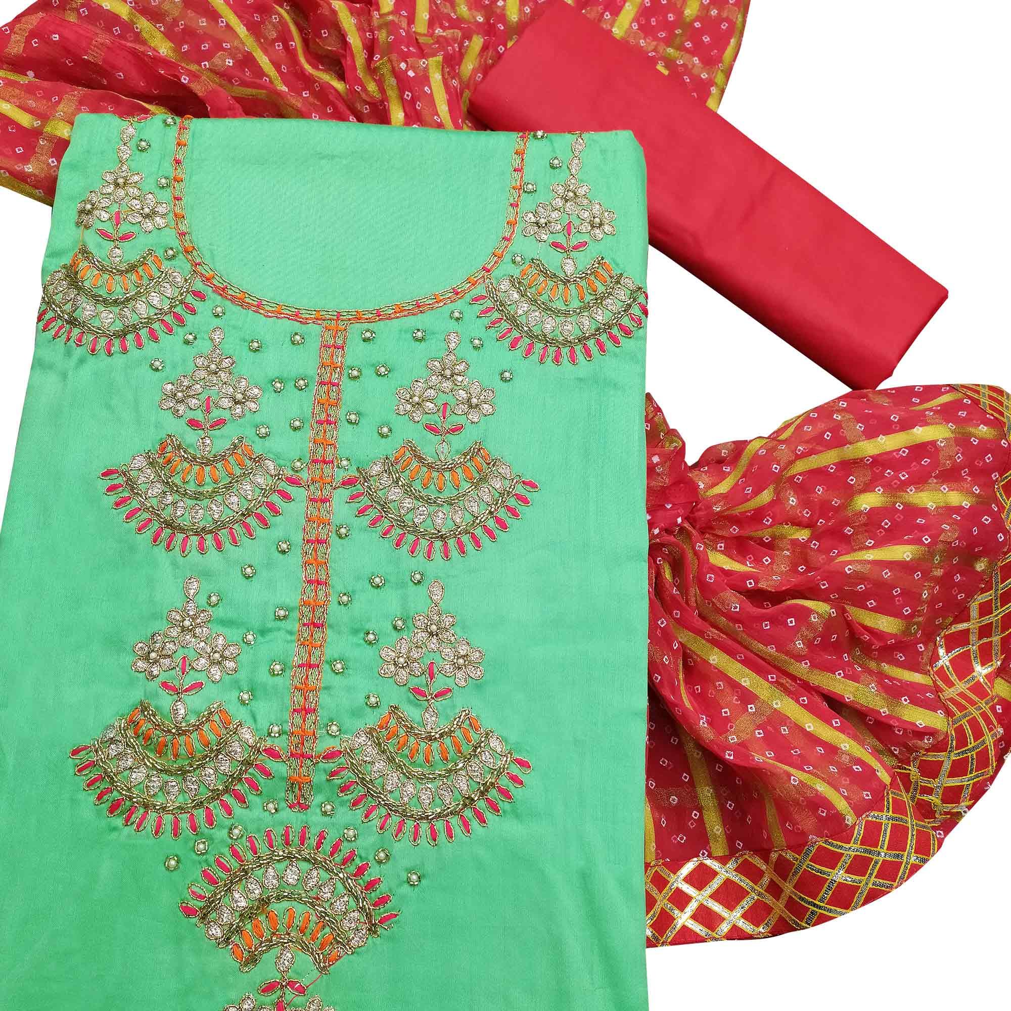 Charming Green Colored Partywear Embroidered Cotton Dress Material - Peachmode