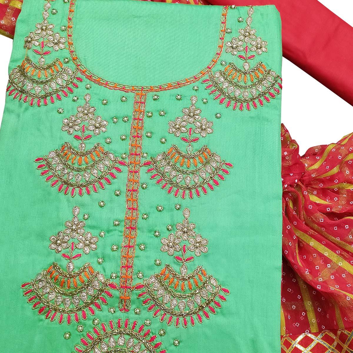 Charming Green Colored Partywear Embroidered Cotton Dress Material - Peachmode