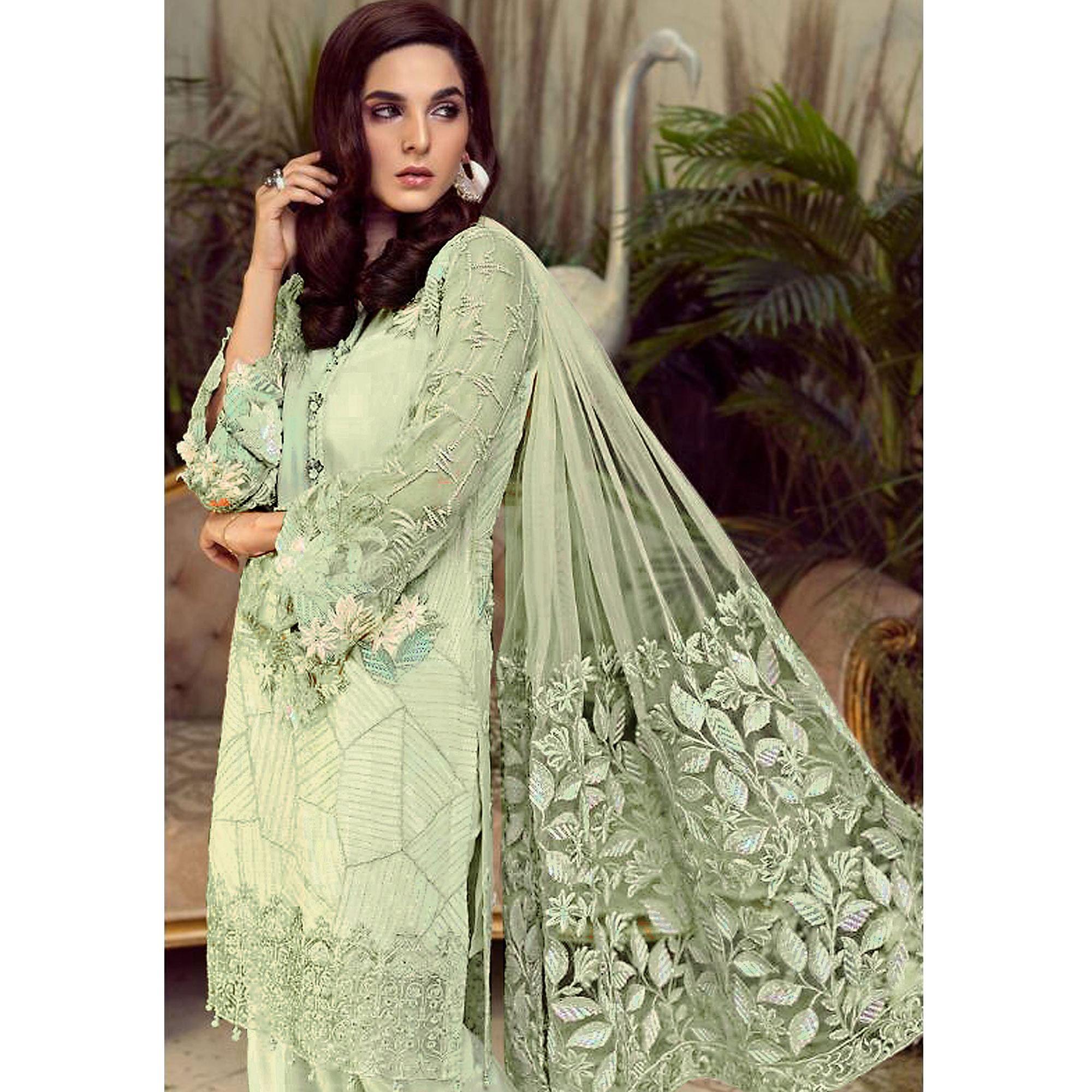 Charming Green Colored Partywear Embroidered Faux Gerogette Straight Suit - Peachmode