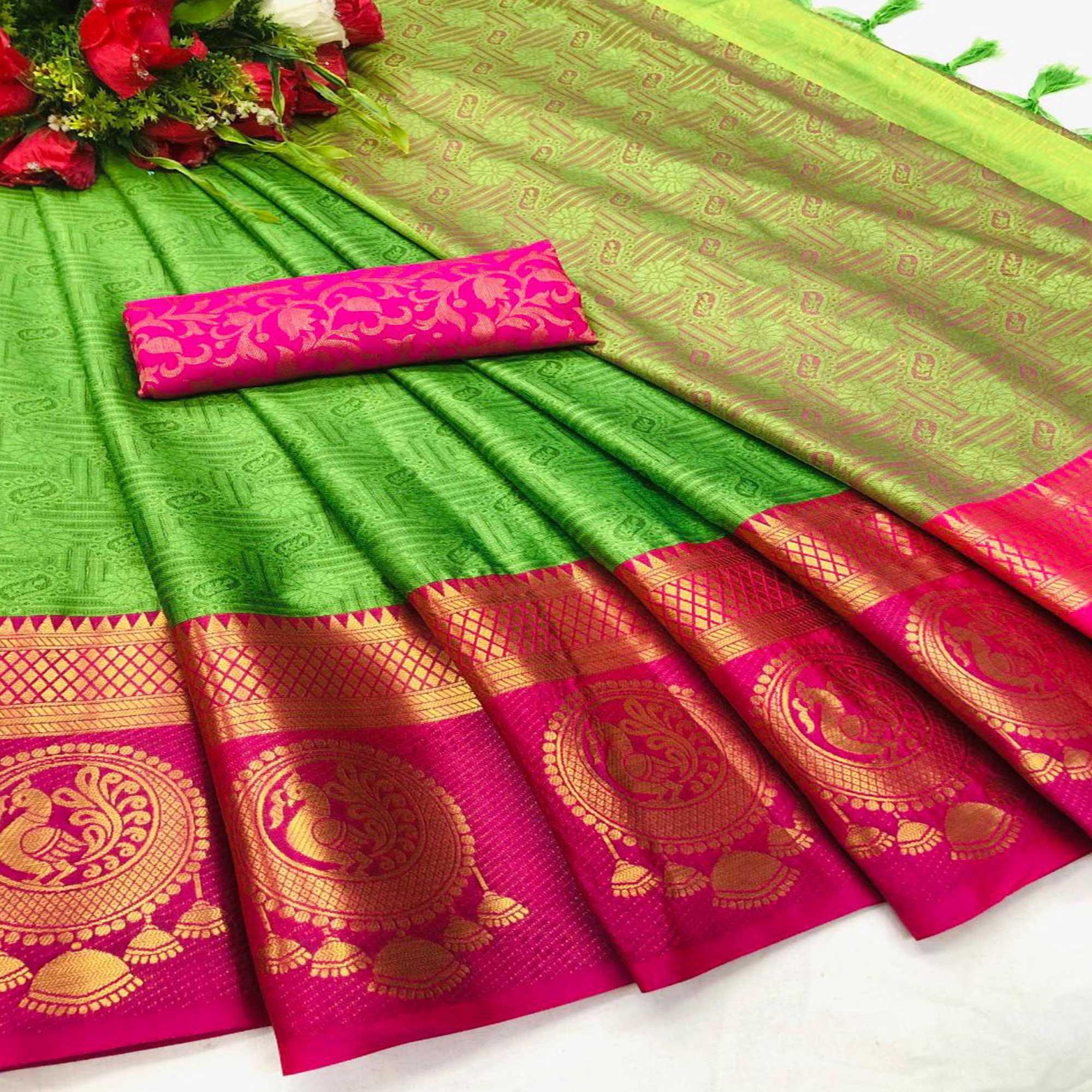 Charming Green Coloured Casual Wear Printed Self Cotton Silk Saree - Peachmode