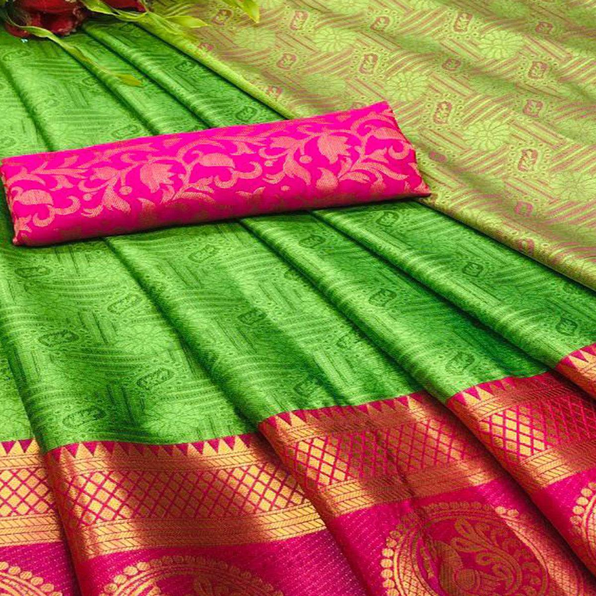 Charming Green Coloured Casual Wear Printed Self Cotton Silk Saree - Peachmode