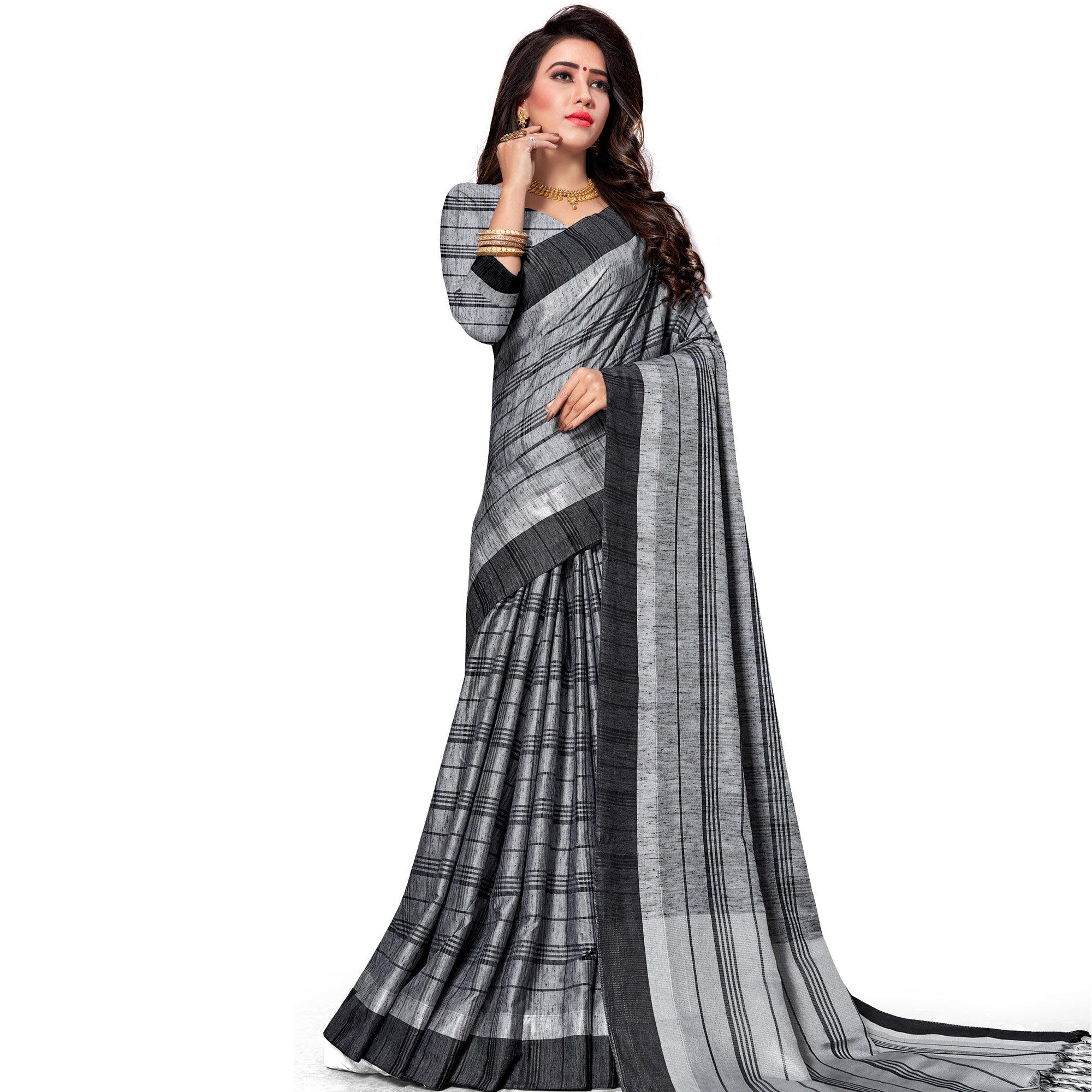 Charming Grey Colored Fesive Wear Stripe Print Cotton Silk Saree With Tassels - Peachmode