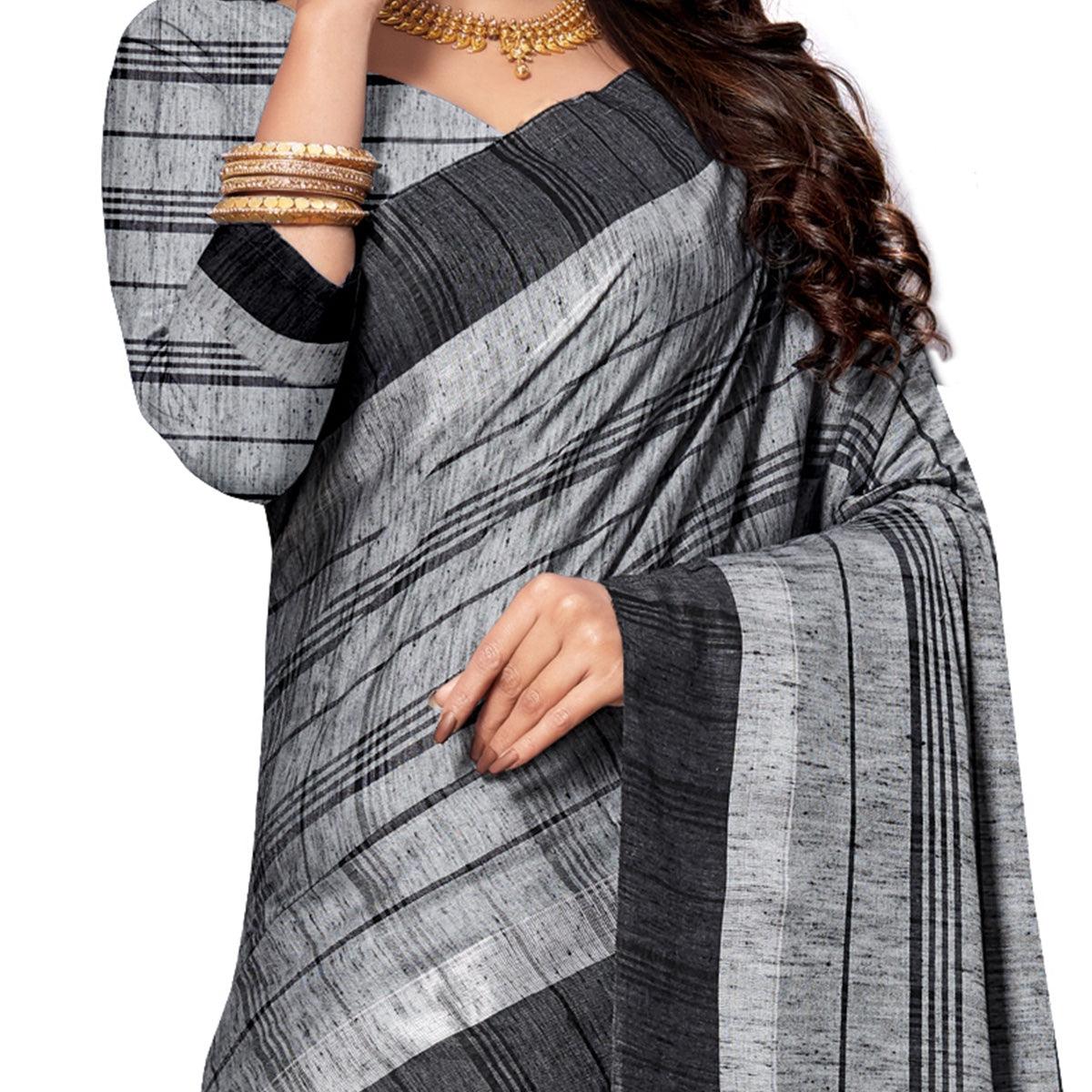 Charming Grey Colored Fesive Wear Stripe Print Cotton Silk Saree With Tassels - Peachmode