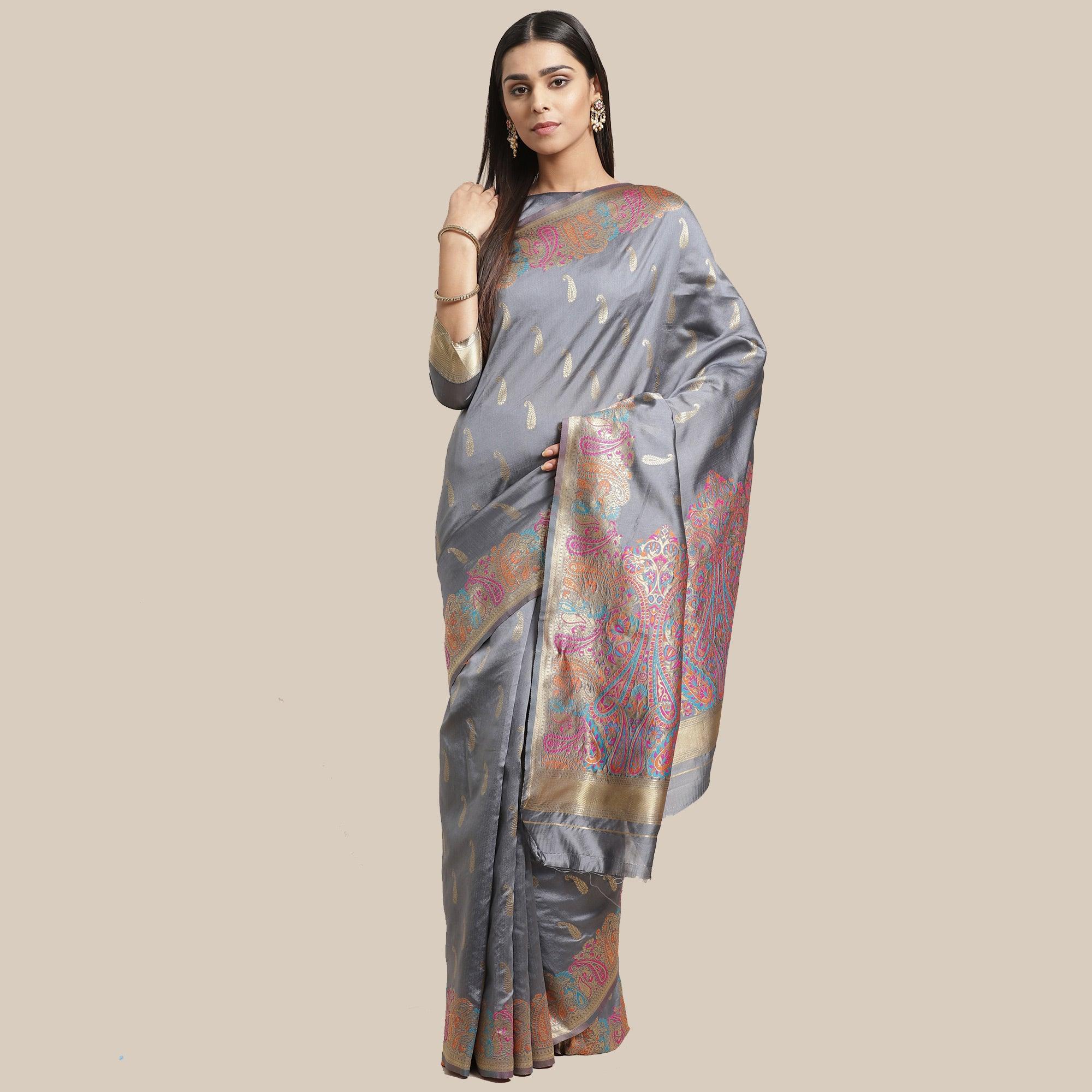 Charming Grey Colored Festive Wear Woven Silk Blend Saree - Peachmode