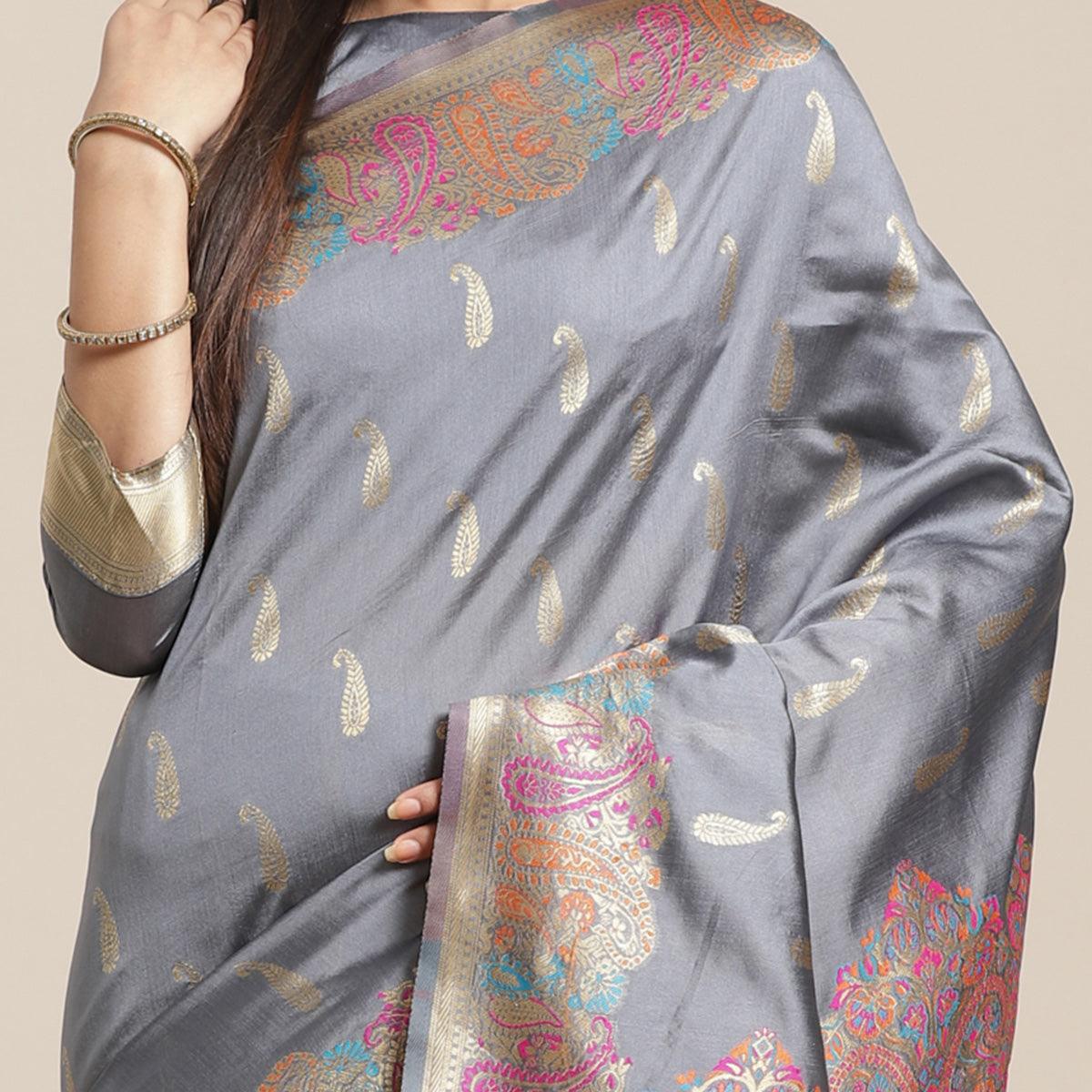 Charming Grey Colored Festive Wear Woven Silk Blend Saree - Peachmode