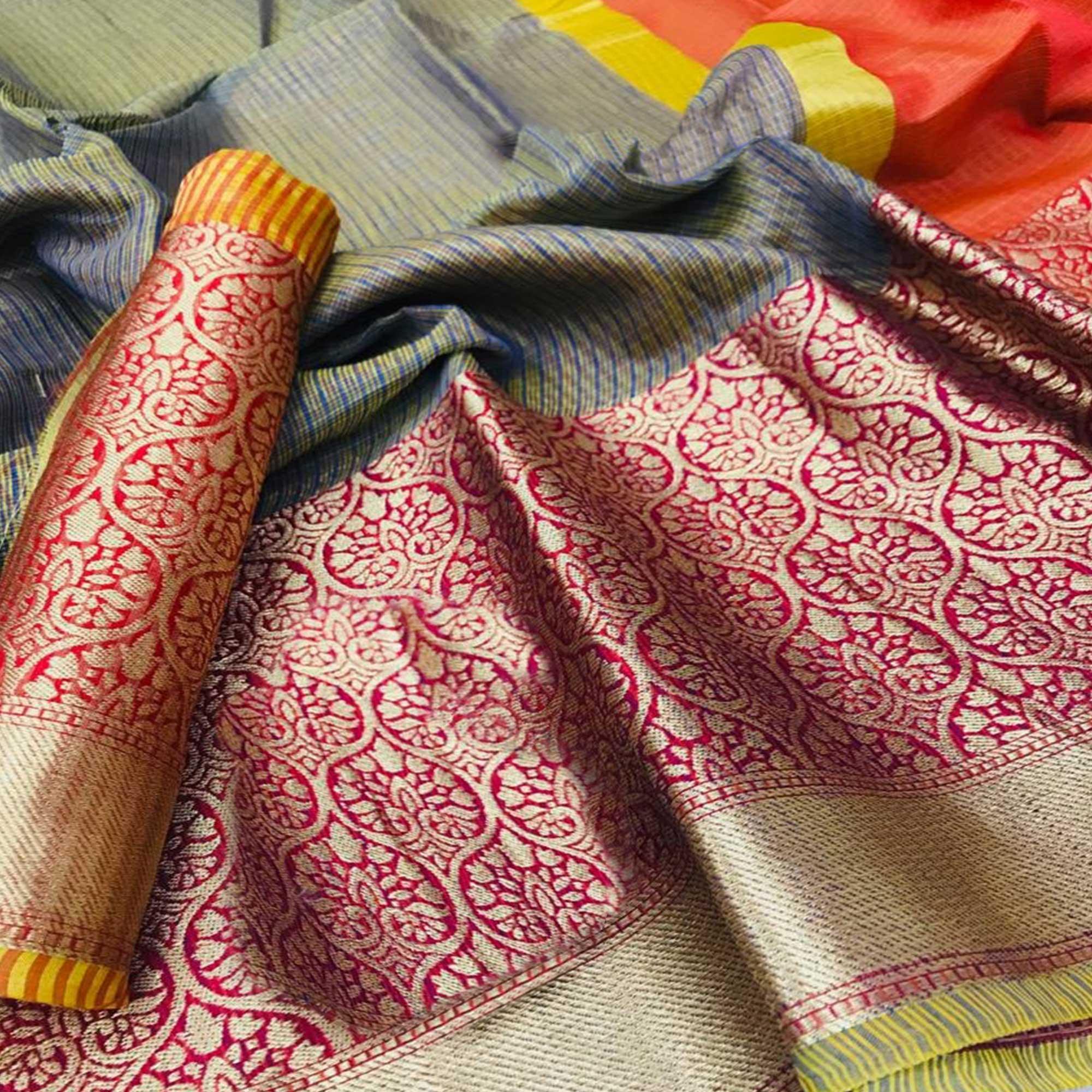Charming Grey Colored Festive Wear Woven Silk Saree - Peachmode