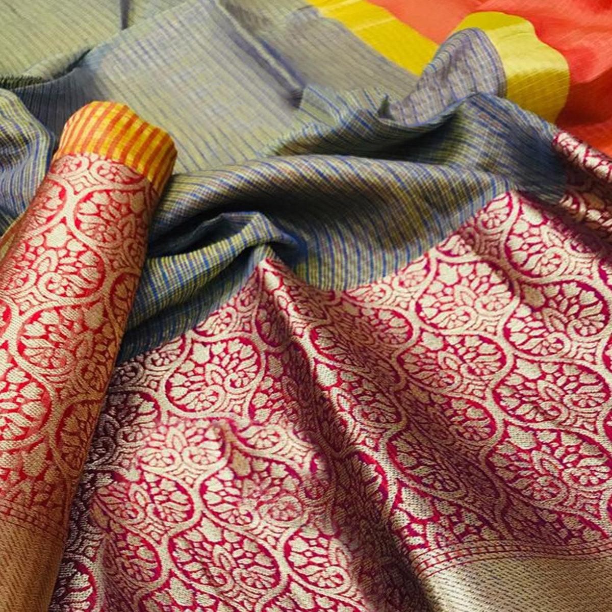 Charming Grey Colored Festive Wear Woven Silk Saree - Peachmode